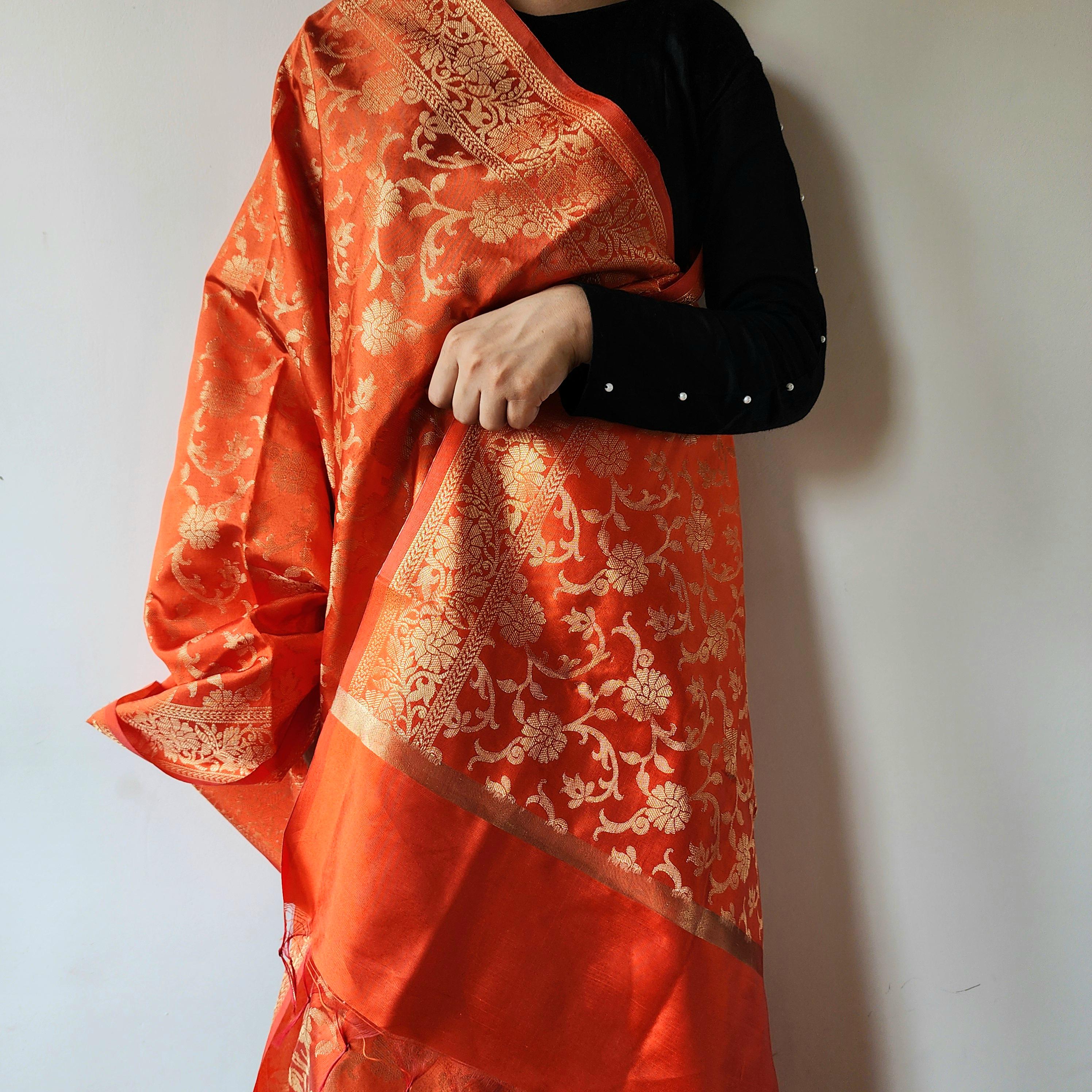 Orange Banarasi Dupatta with Gold Floral Weave Perfect for Evening Wear and Special Occasions