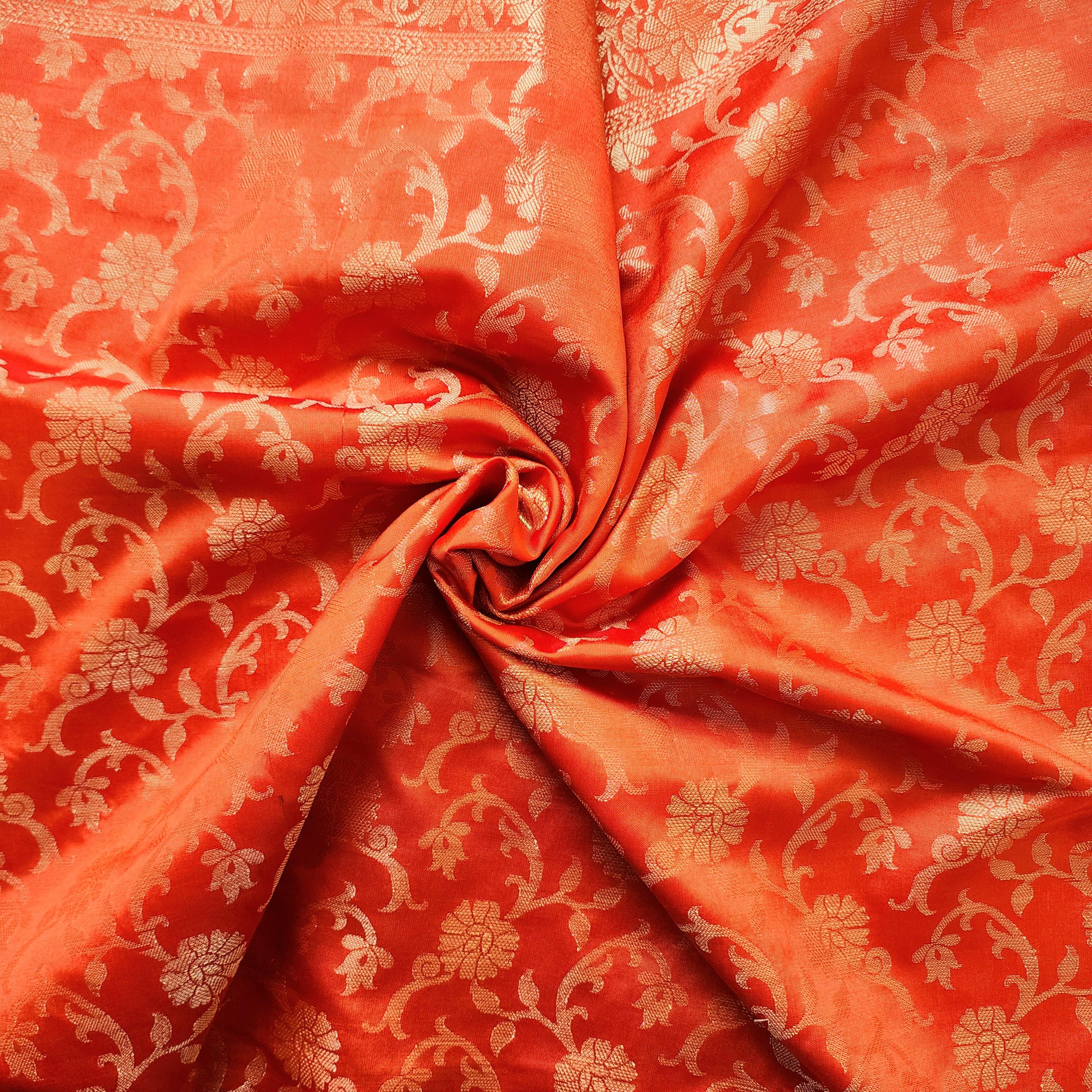 Orange Banarasi Dupatta with Gold Floral Weave Perfect for Evening Wear and Special Occasions