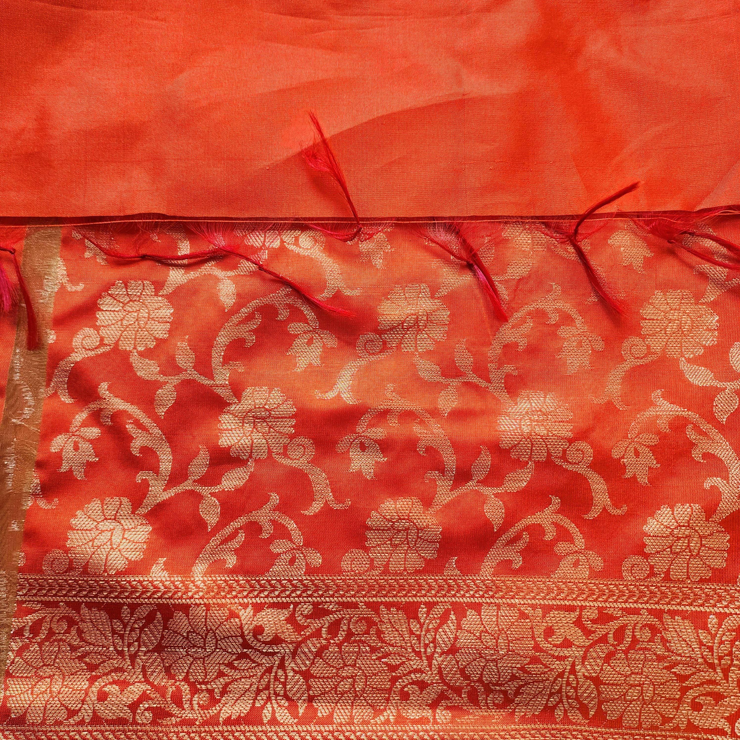 Orange Banarasi Dupatta with Gold Floral Weave Perfect for Evening Wear and Special Occasions