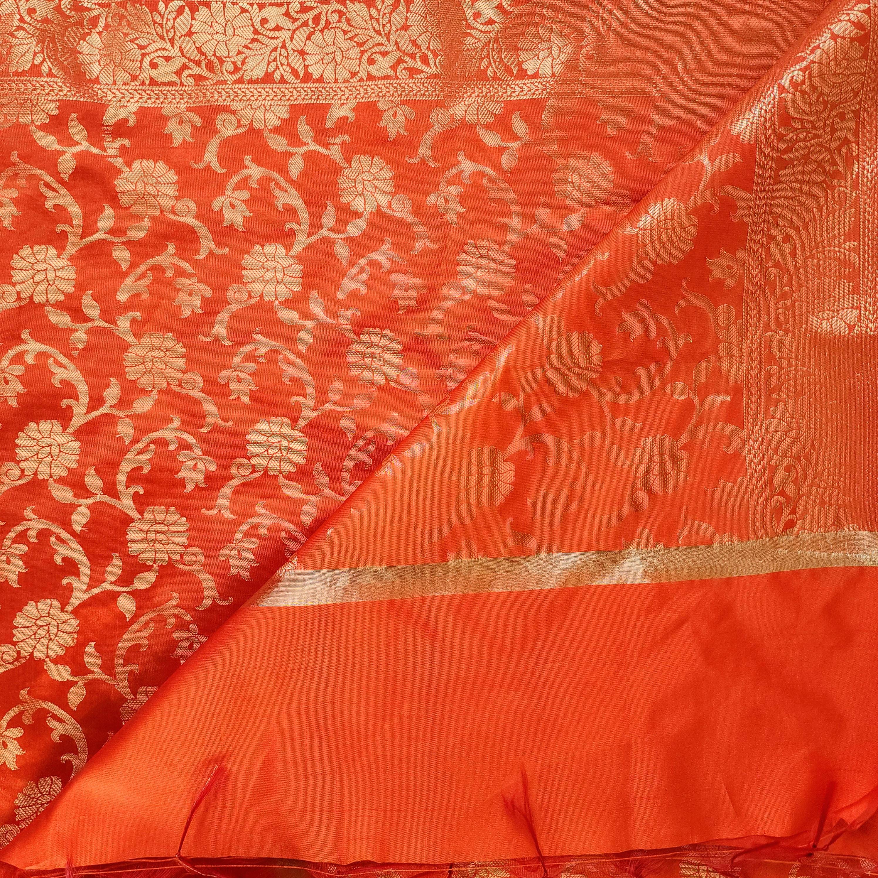 Orange Banarasi Dupatta with Gold Floral Weave Perfect for Evening Wear and Special Occasions
