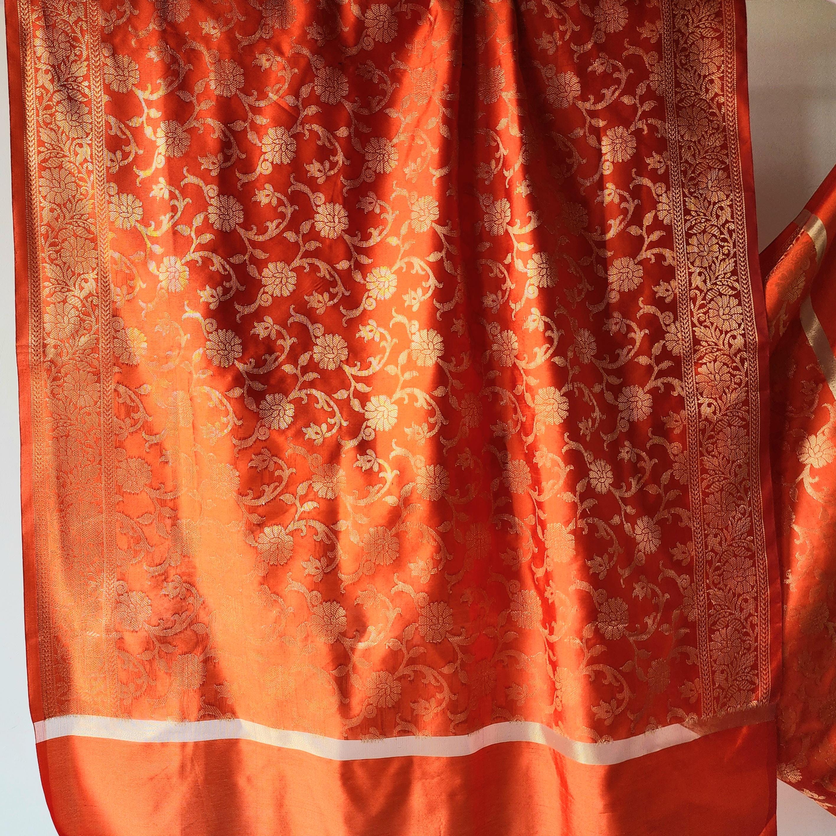 Orange Banarasi Dupatta with Gold Floral Weave Perfect for Evening Wear and Special Occasions