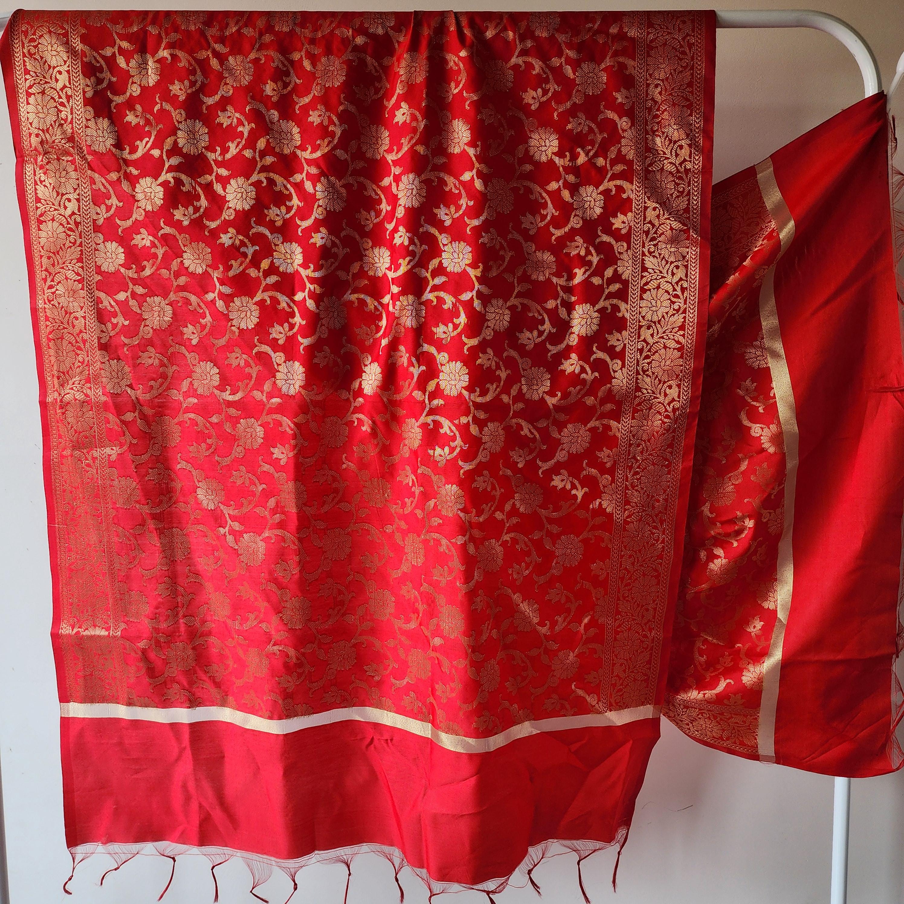 Red Banarasi Dupatta with Gold Floral Weave