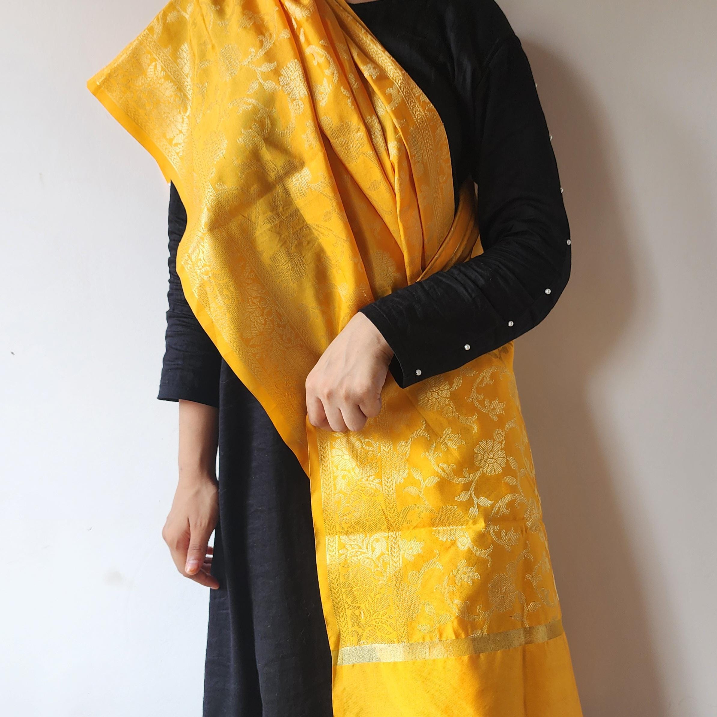 Yellow Banarasi Dupatta with Gold Floral Weave