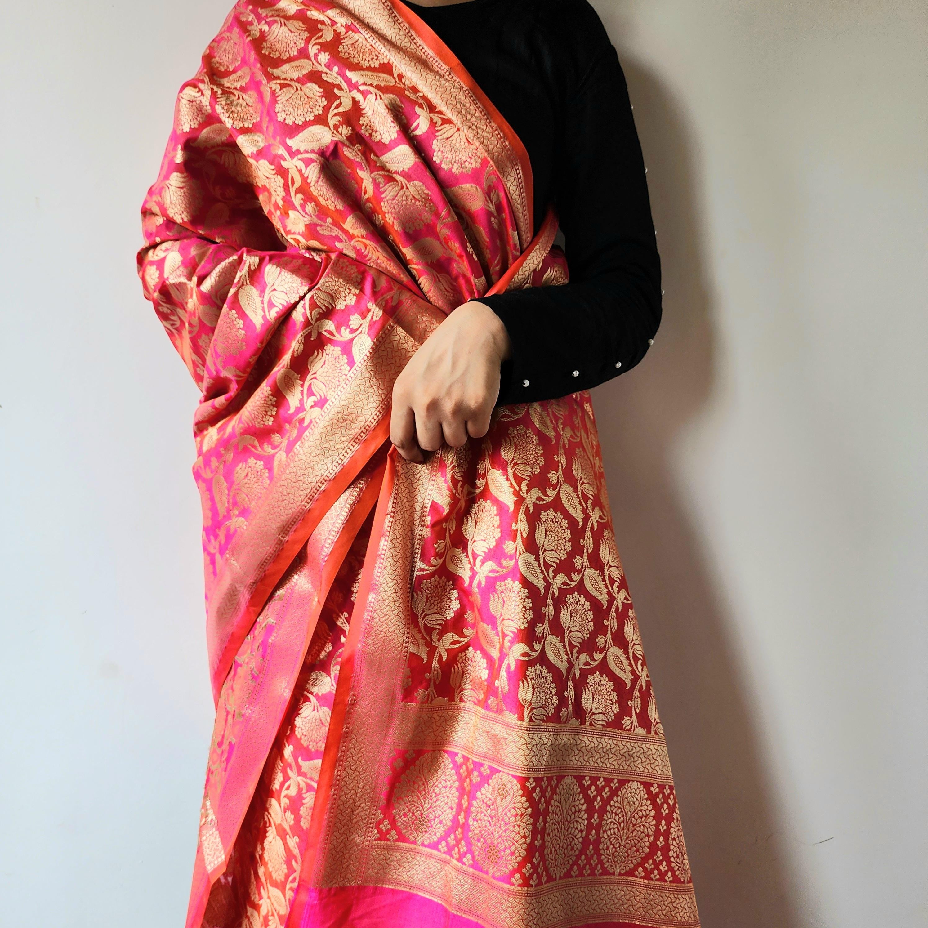 Pink Banarasi Dupatta with Gold Zari Floral Buta Festive & Elegant Addition for Traditional and Wedding Wear