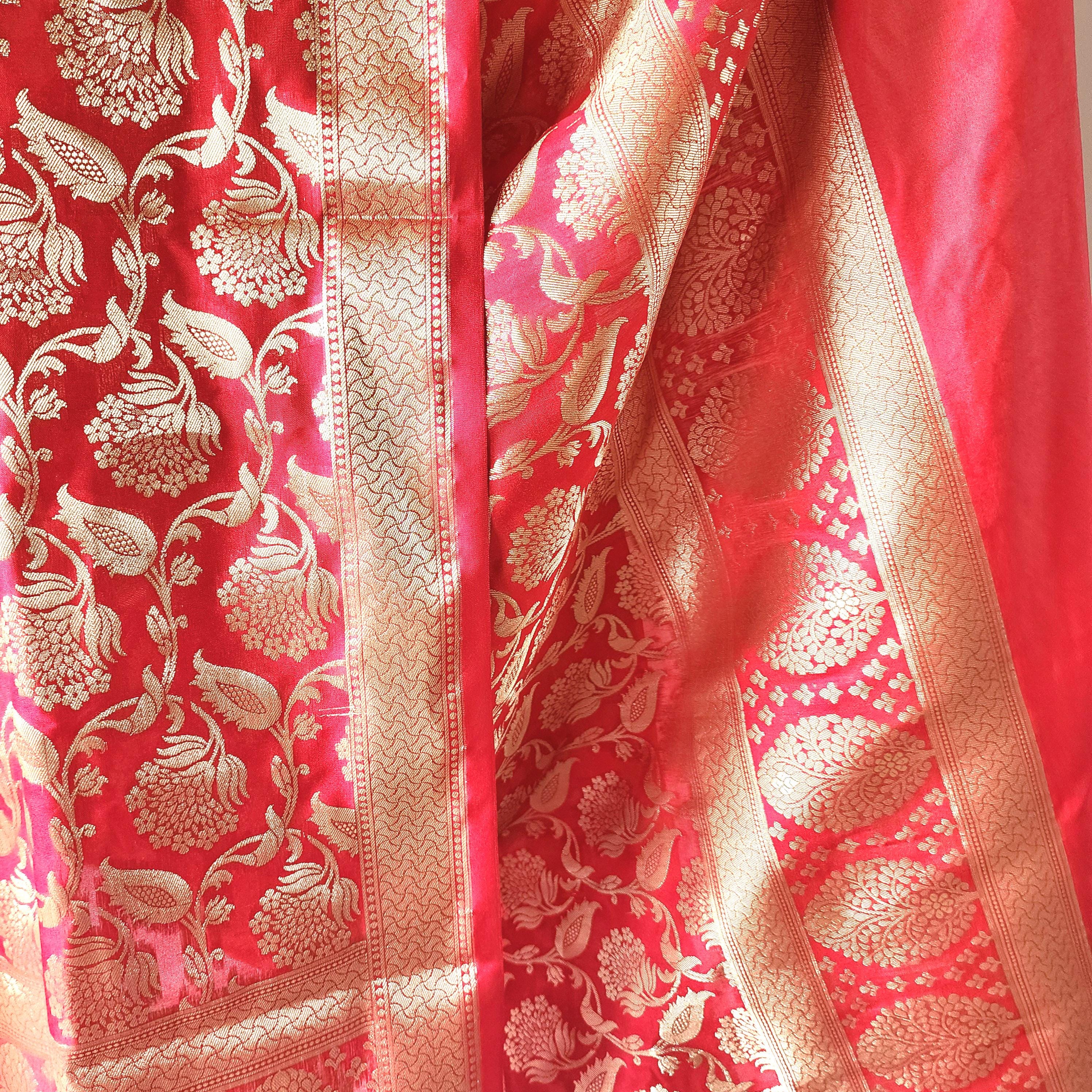 Pink Banarasi Dupatta with Gold Zari Floral Buta Festive & Elegant Addition for Traditional and Wedding Wear