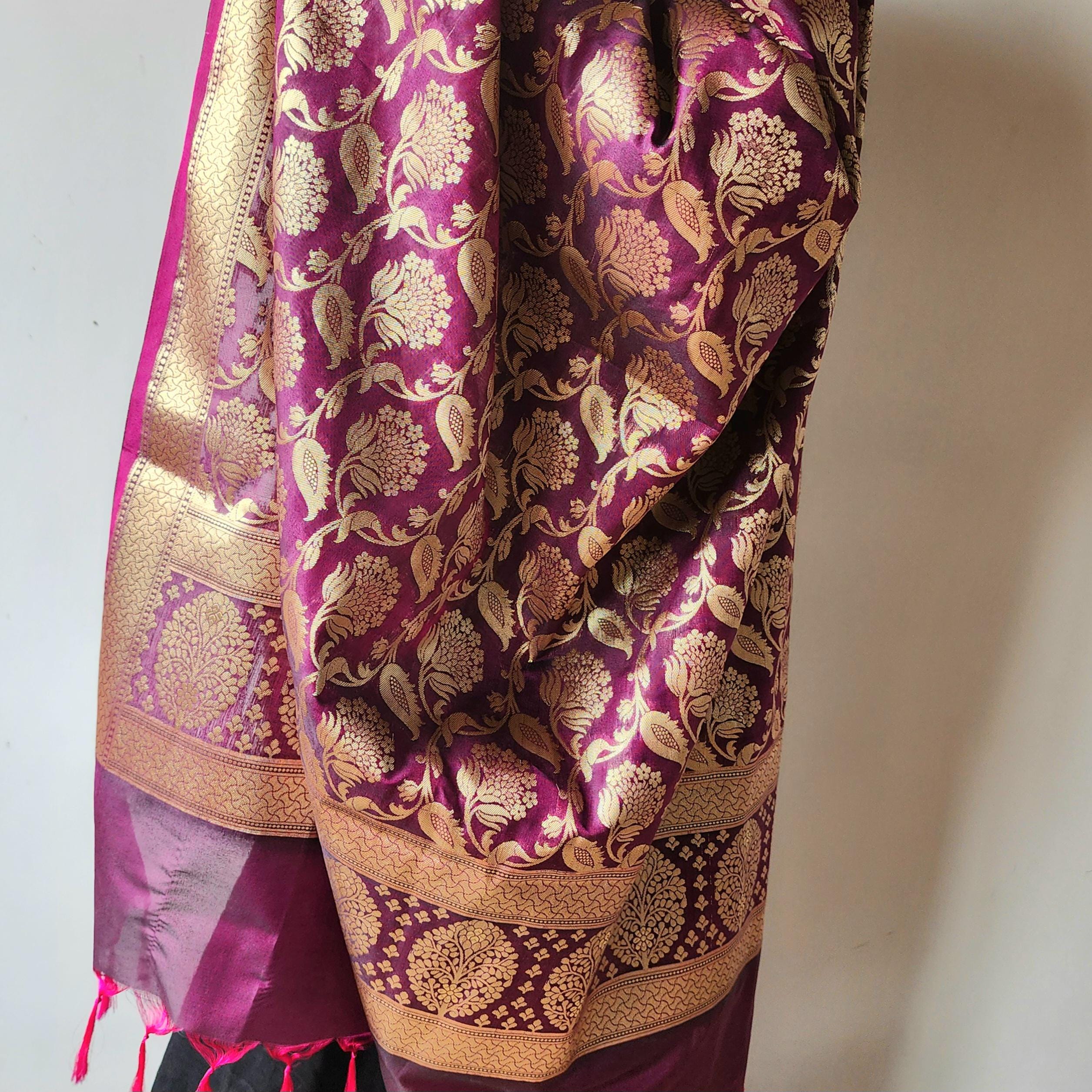 Purple Banarasi Dupatta with Gold Zari Floral Buta Festive & Elegant Addition for Traditional and Wedding Wear