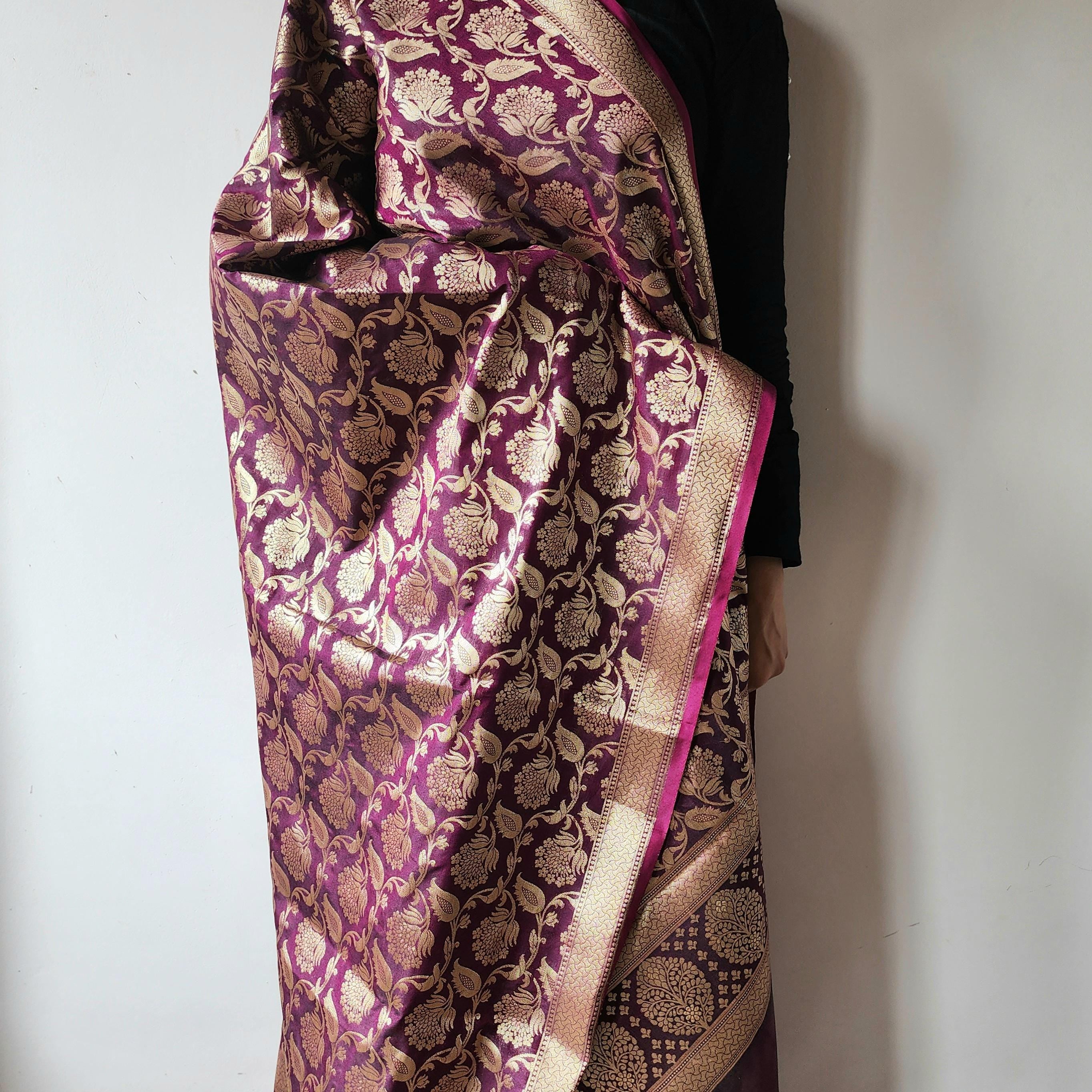 Purple Banarasi Dupatta with Gold Zari Floral Buta Festive & Elegant Addition for Traditional and Wedding Wear