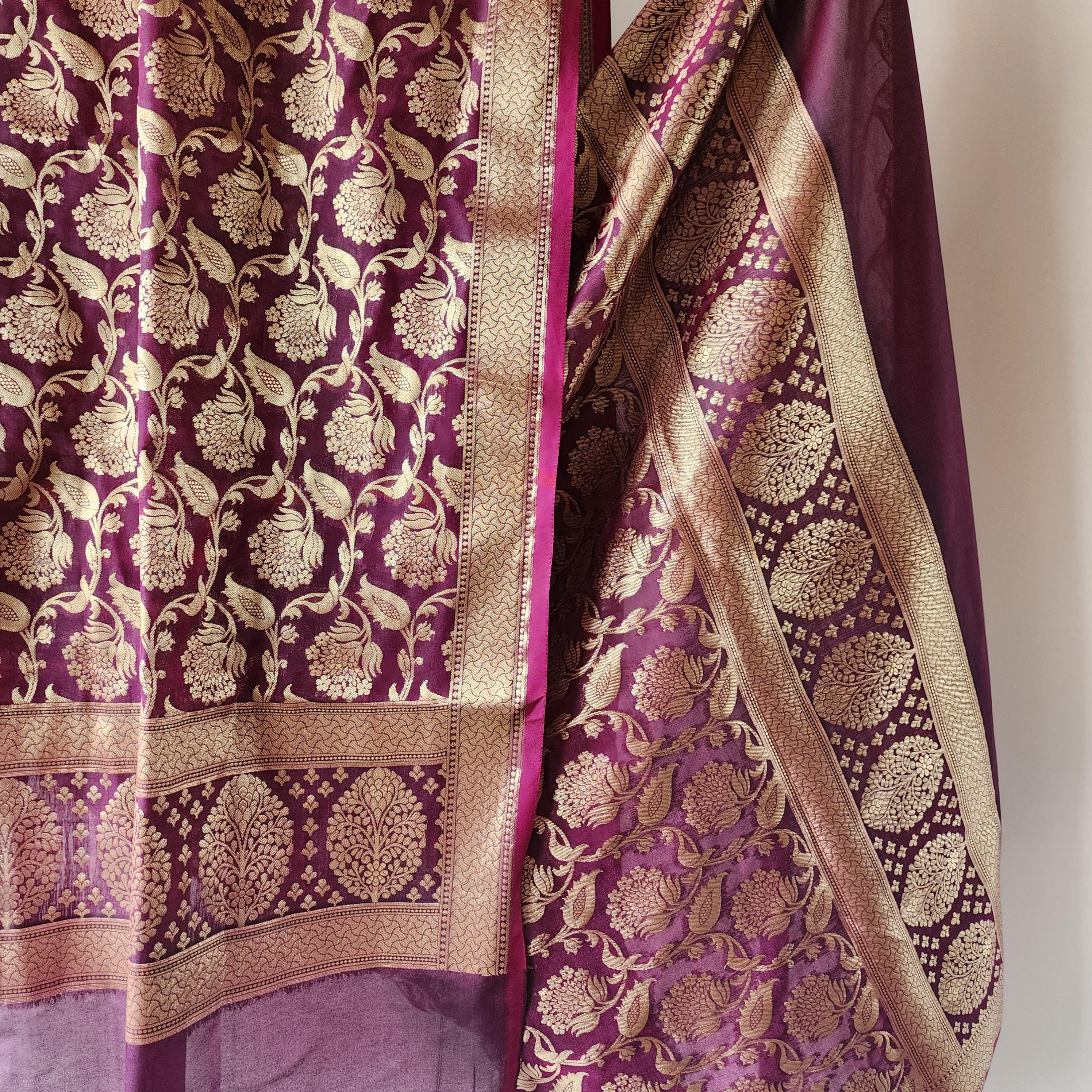 Purple Banarasi Dupatta with Gold Zari Floral Buta Festive & Elegant Addition for Traditional and Wedding Wear