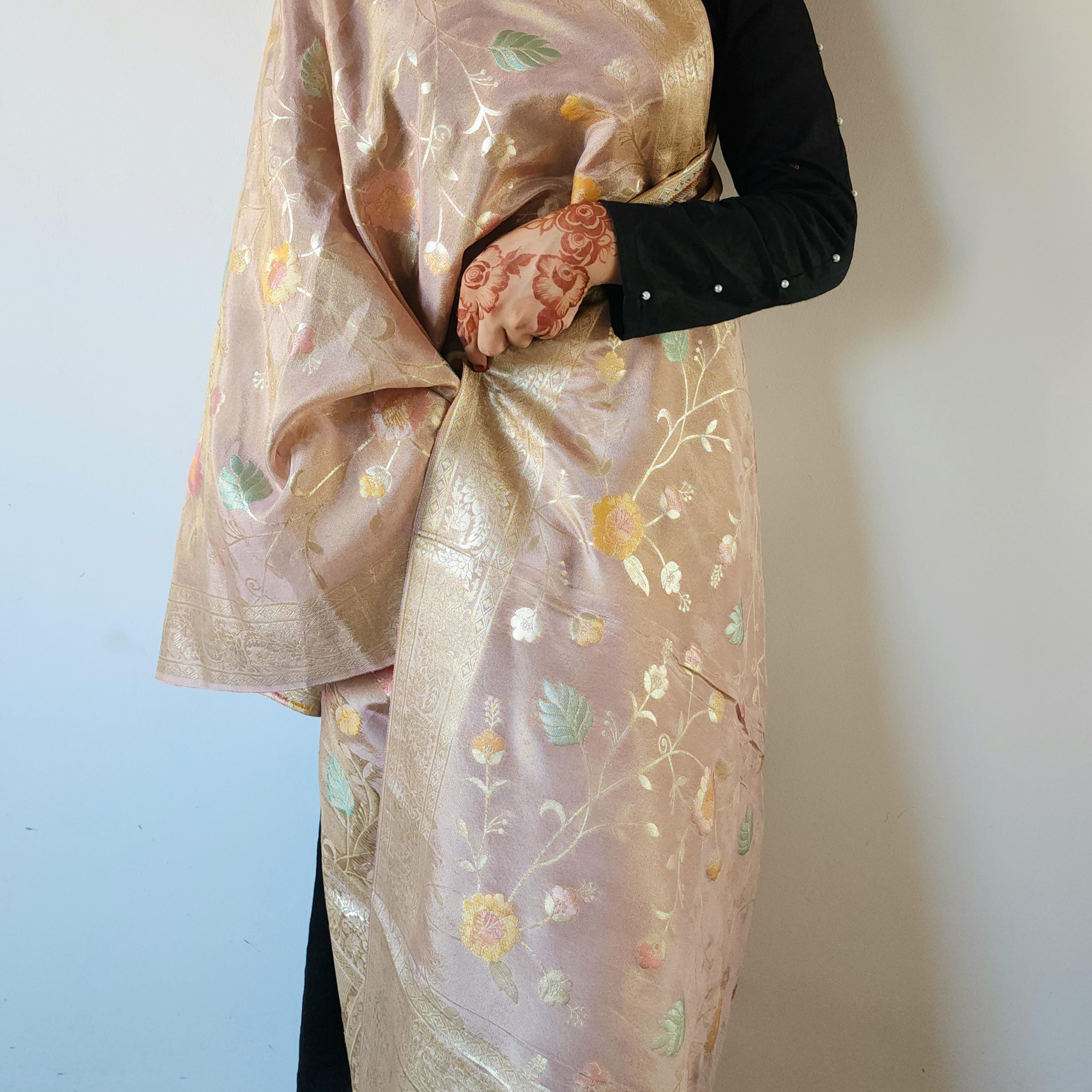 Banarasi Brocade Silk Cream Pink dupatta, Handpainted Multicolor meenakari work Indian traditional & Festive wear Dupatta