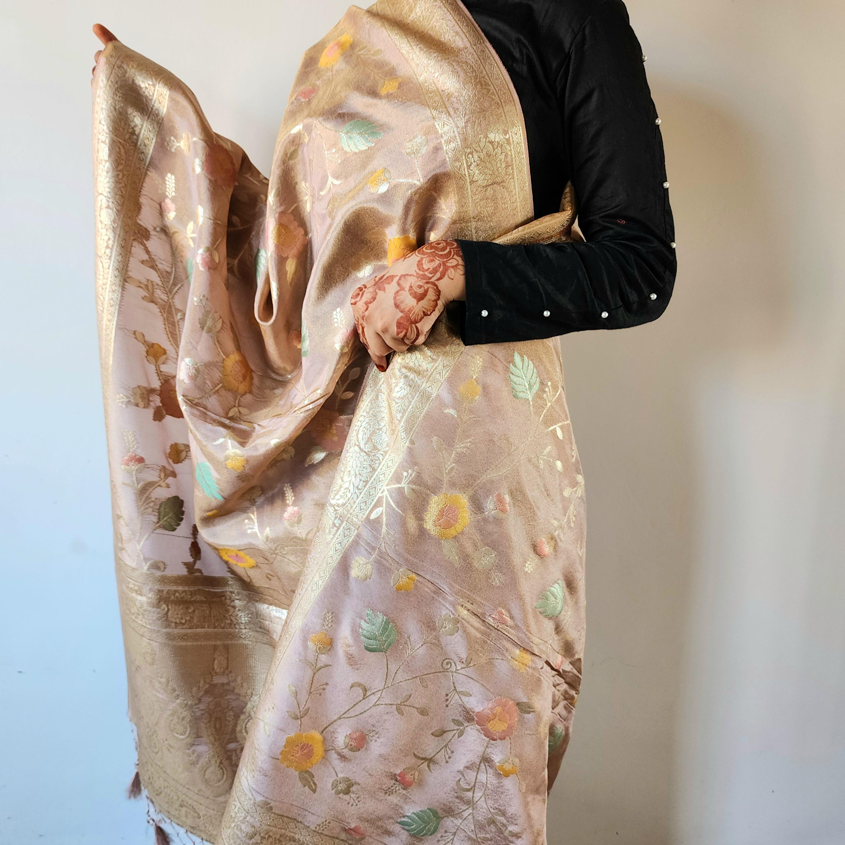 Banarasi Brocade Silk Cream Pink dupatta, Handpainted Multicolor meenakari work Indian traditional & Festive wear Dupatta