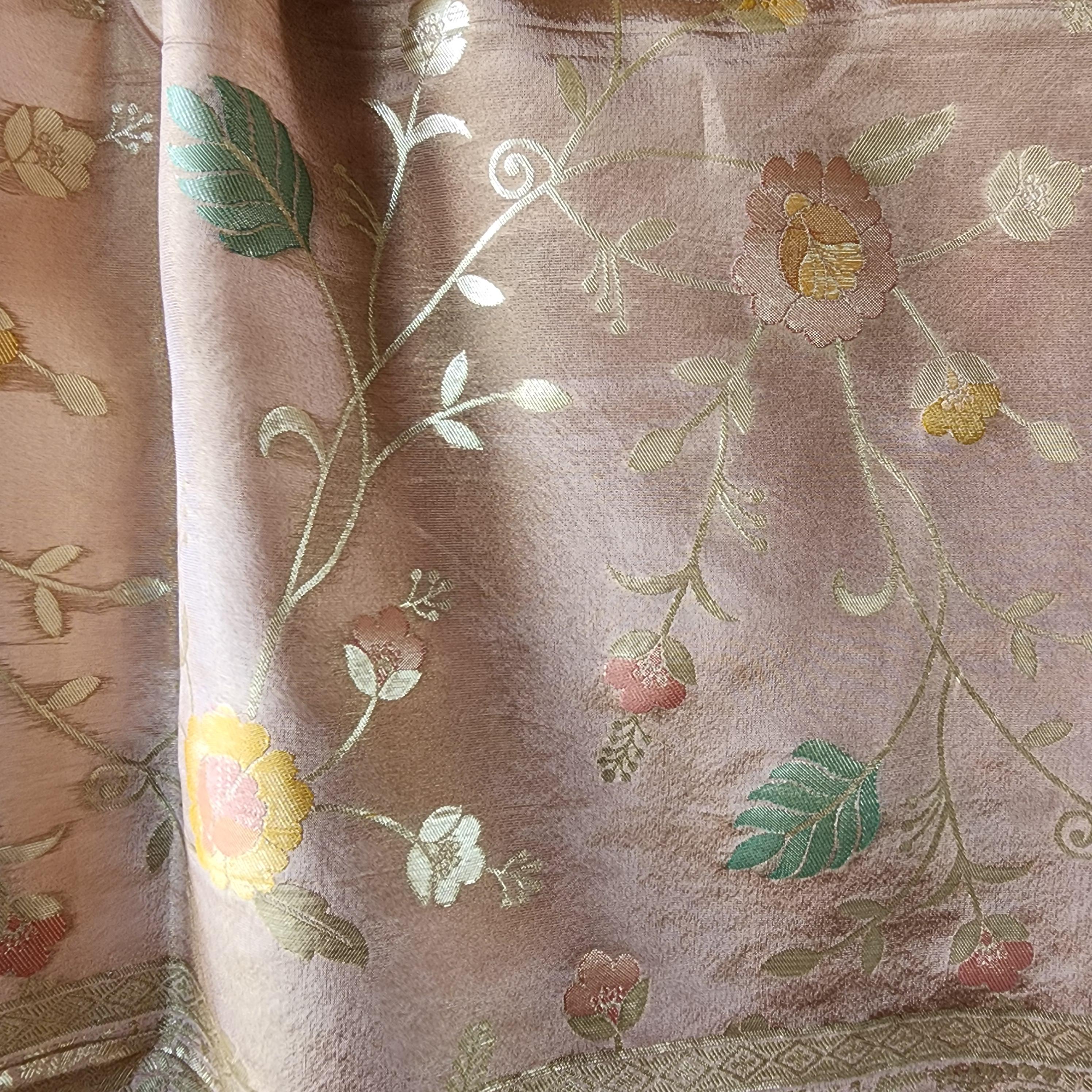 Banarasi Brocade Silk Cream Pink dupatta, Handpainted Multicolor meenakari work Indian traditional & Festive wear Dupatta