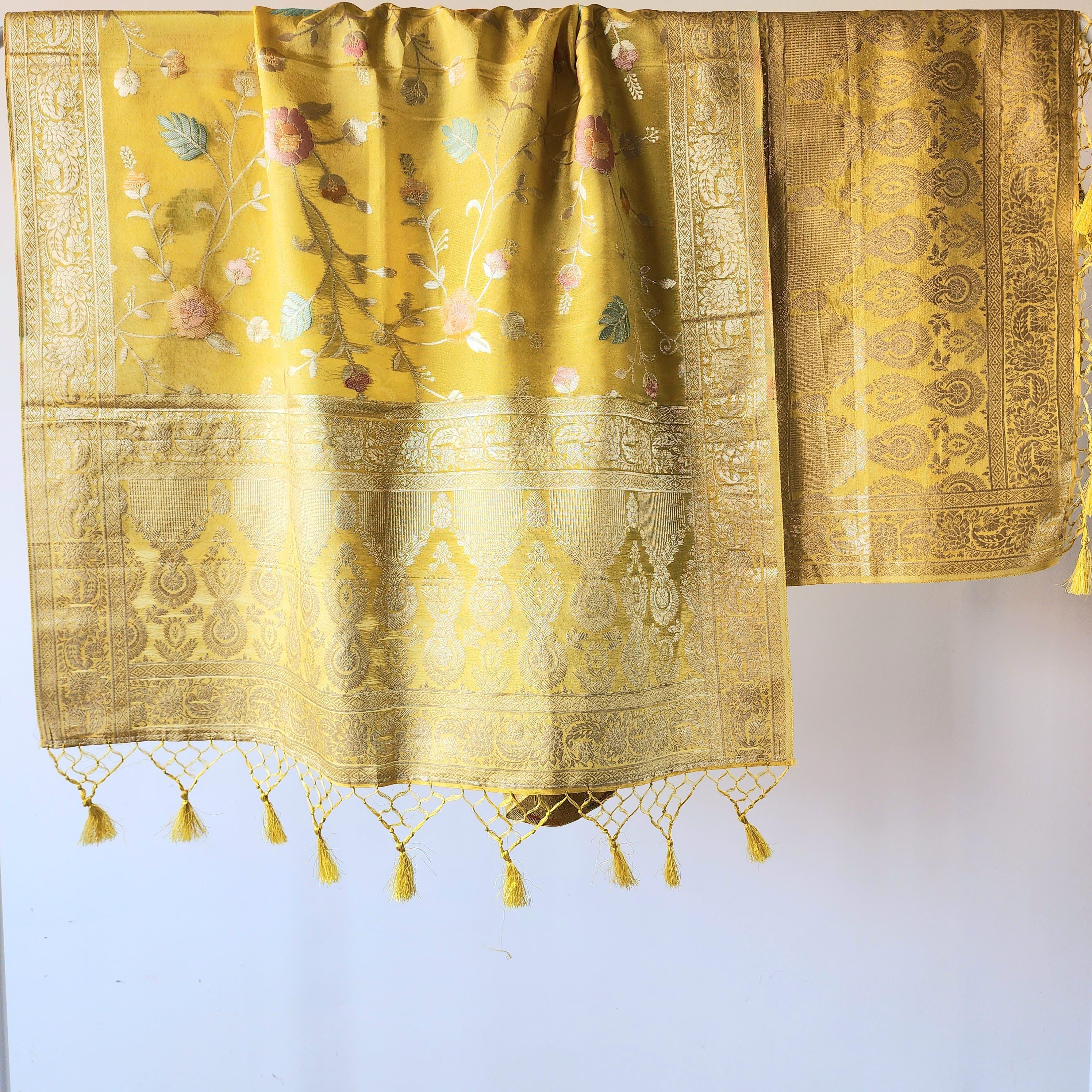 Banarasi Brocade Silk Yellow dupatta, Handpainted Multicolor meenakari work Indian traditional & Festive wear Dupatta