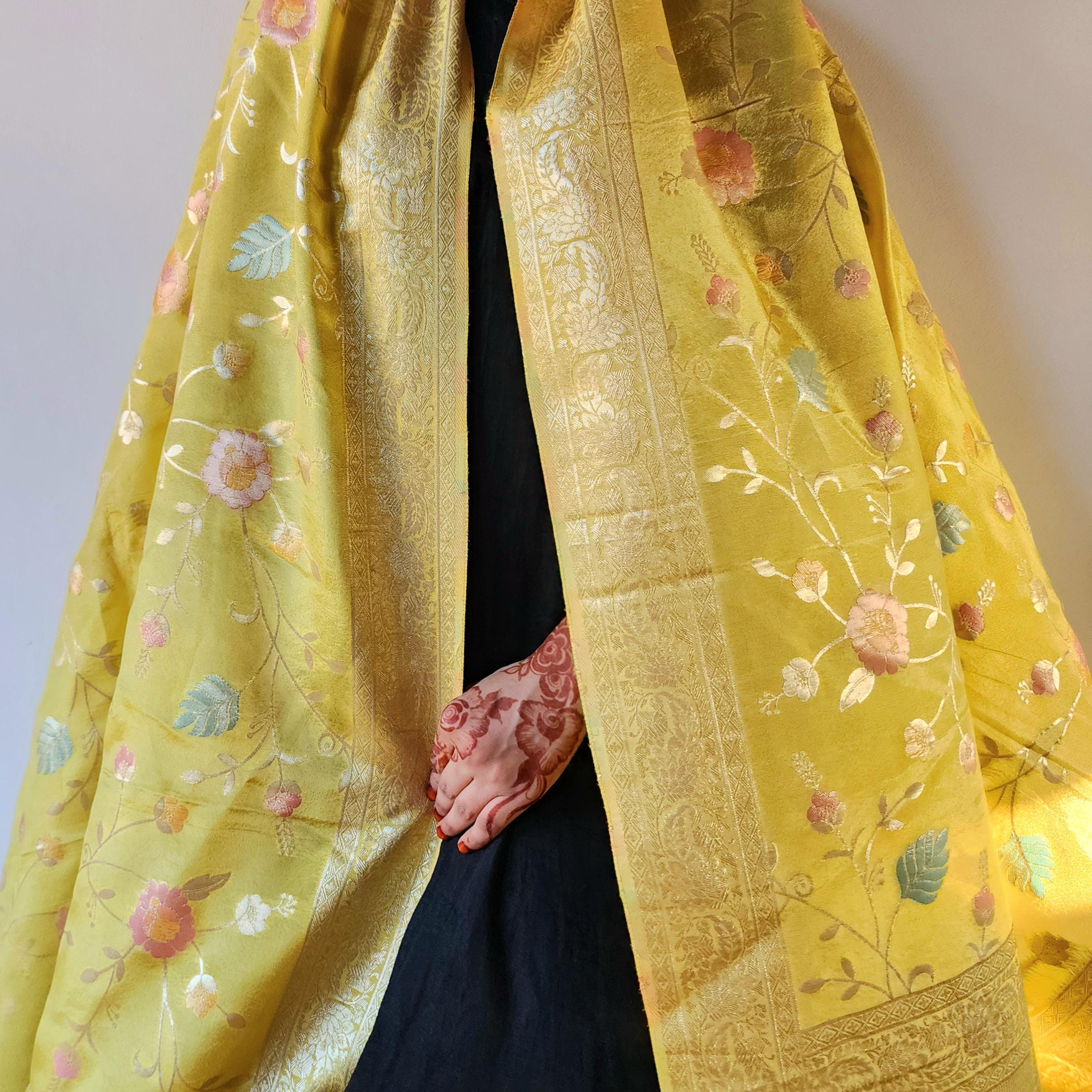 Banarasi Brocade Silk Yellow dupatta, Handpainted Multicolor meenakari work Indian traditional & Festive wear Dupatta
