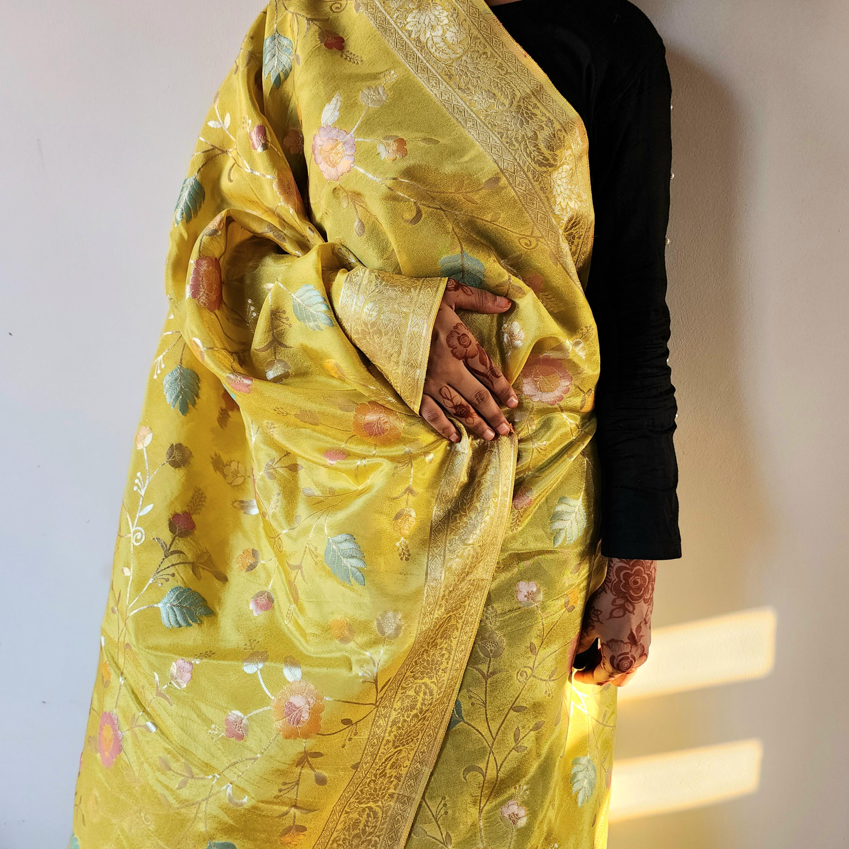 Banarasi Brocade Silk Yellow dupatta, Handpainted Multicolor meenakari work Indian traditional & Festive wear Dupatta