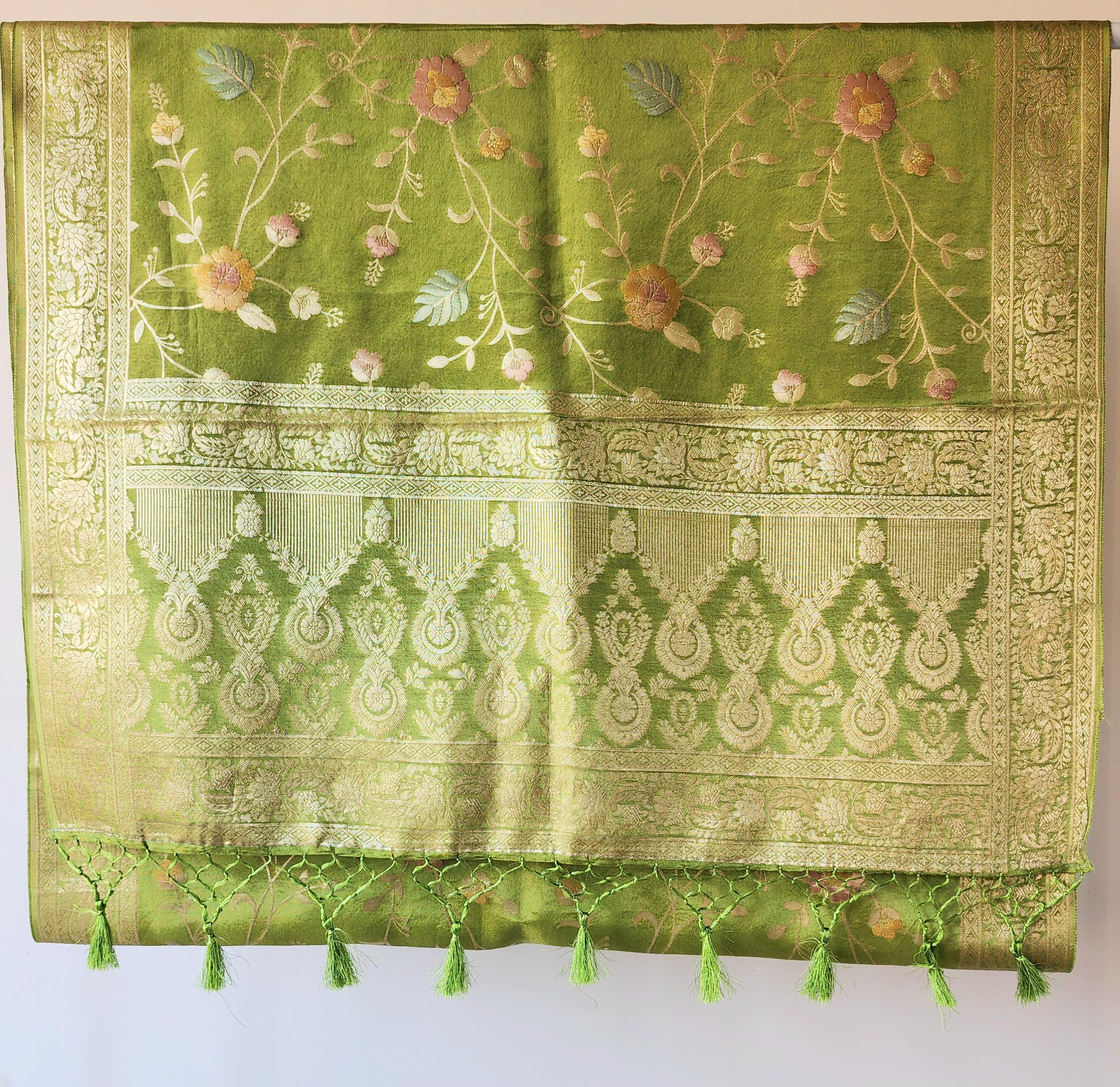 Banarasi Brocade Silk Lime Green dupatta, Handpainted Multicolor meenakari work Indian traditional & Festive wear Dupatta