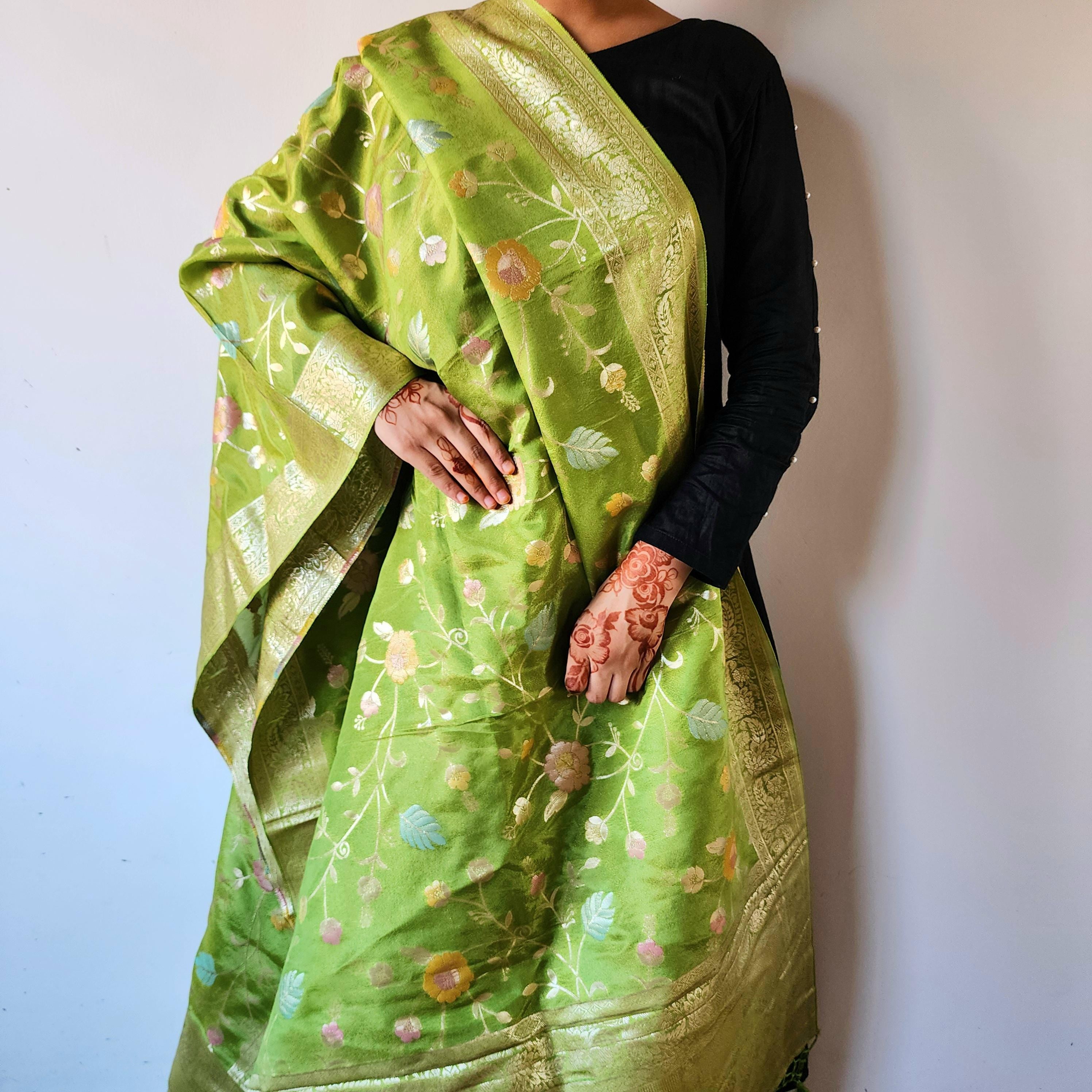 Banarasi Brocade Silk Lime Green dupatta, Handpainted Multicolor meenakari work Indian traditional & Festive wear Dupatta