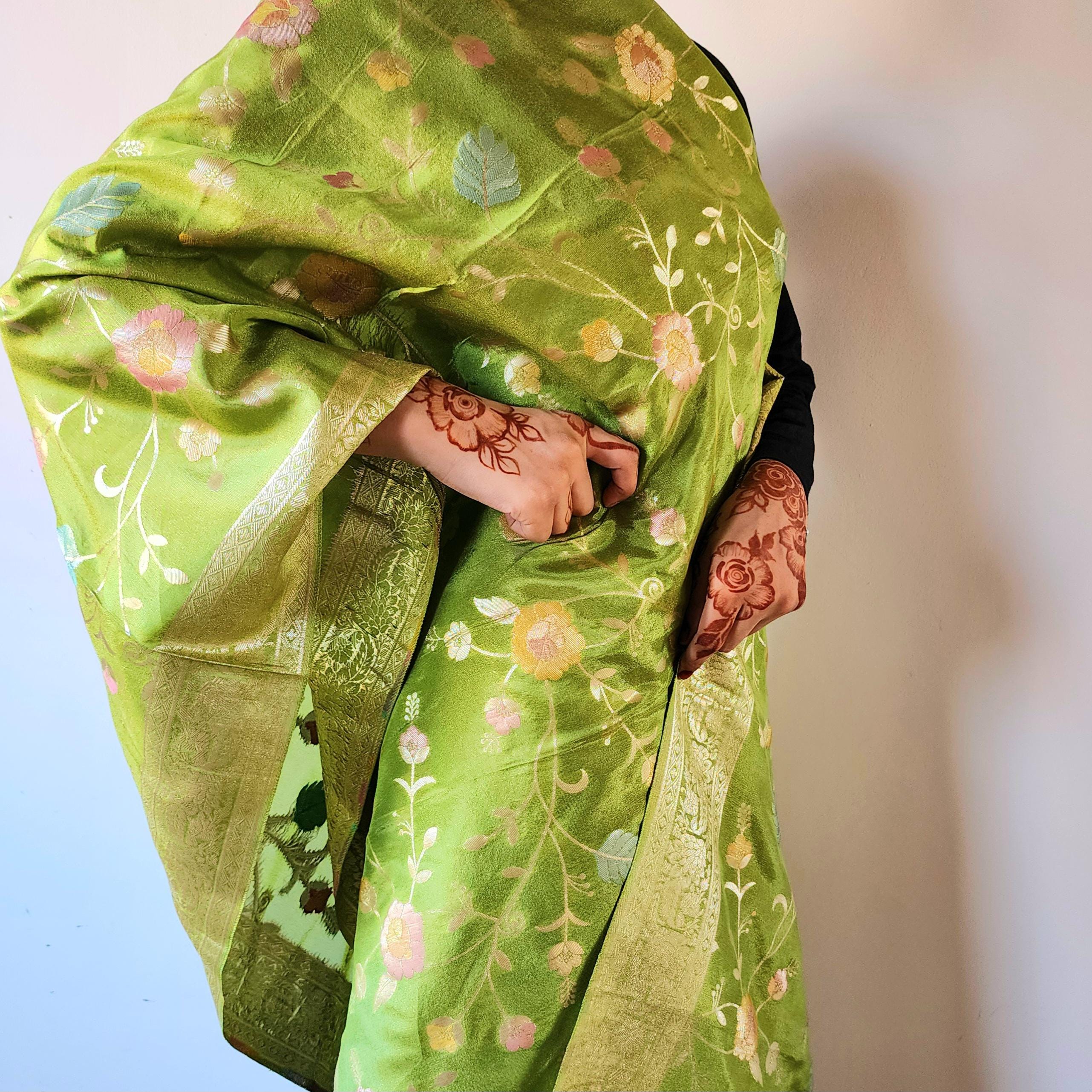 Banarasi Brocade Silk Lime Green dupatta, Handpainted Multicolor meenakari work Indian traditional & Festive wear Dupatta