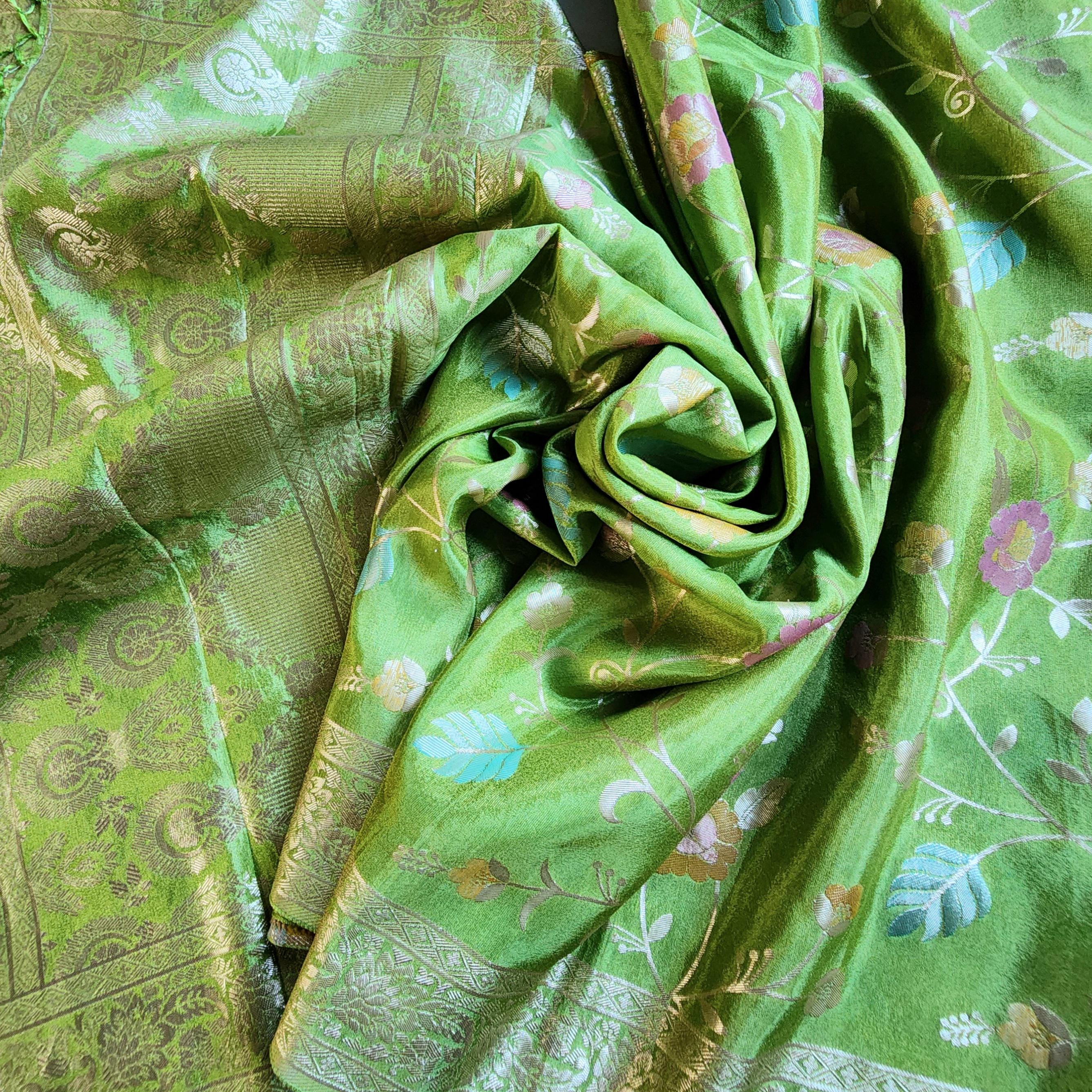Banarasi Brocade Silk Lime Green dupatta, Handpainted Multicolor meenakari work Indian traditional & Festive wear Dupatta