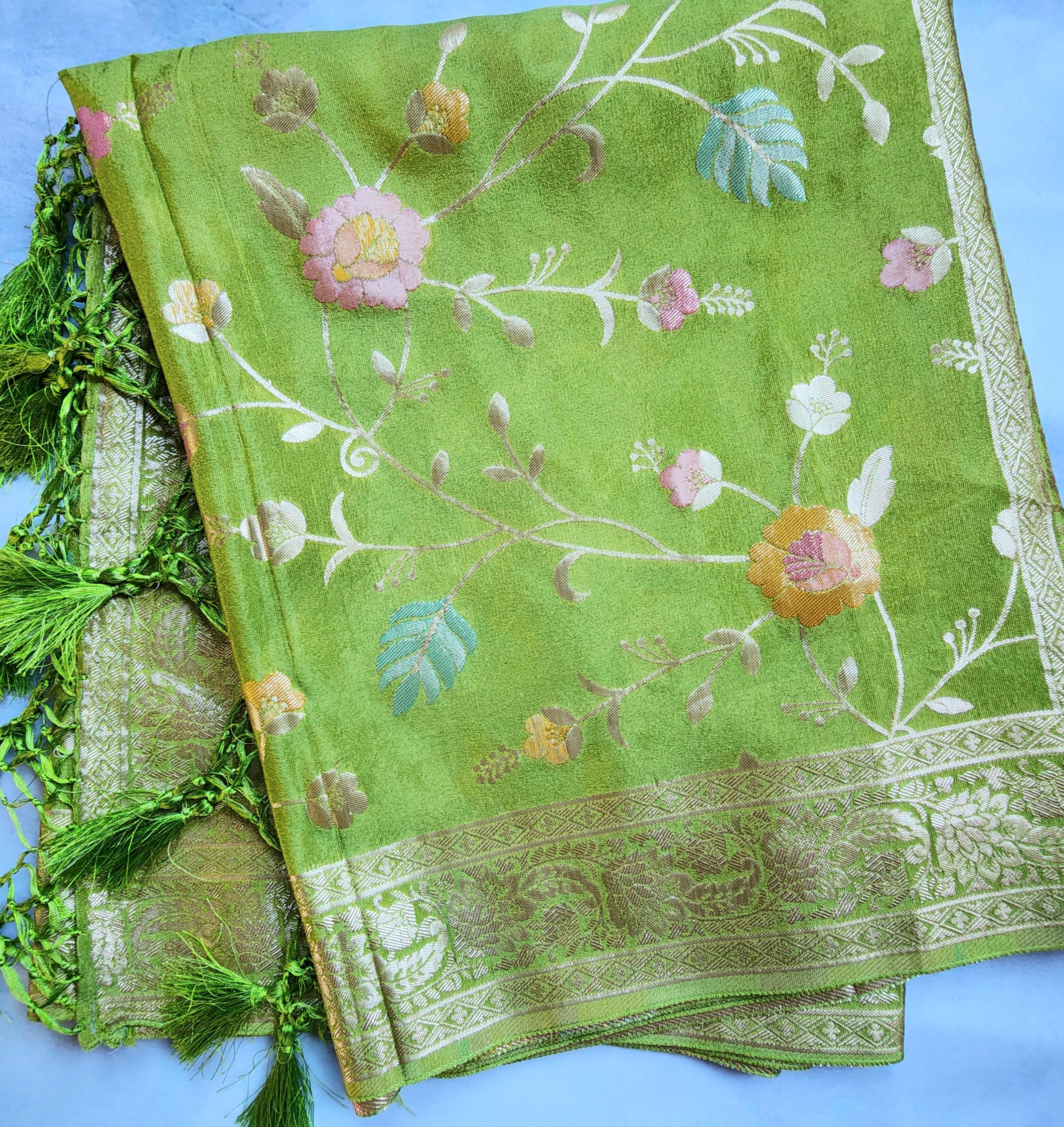 Banarasi Brocade Silk Lime Green dupatta, Handpainted Multicolor meenakari work Indian traditional & Festive wear Dupatta