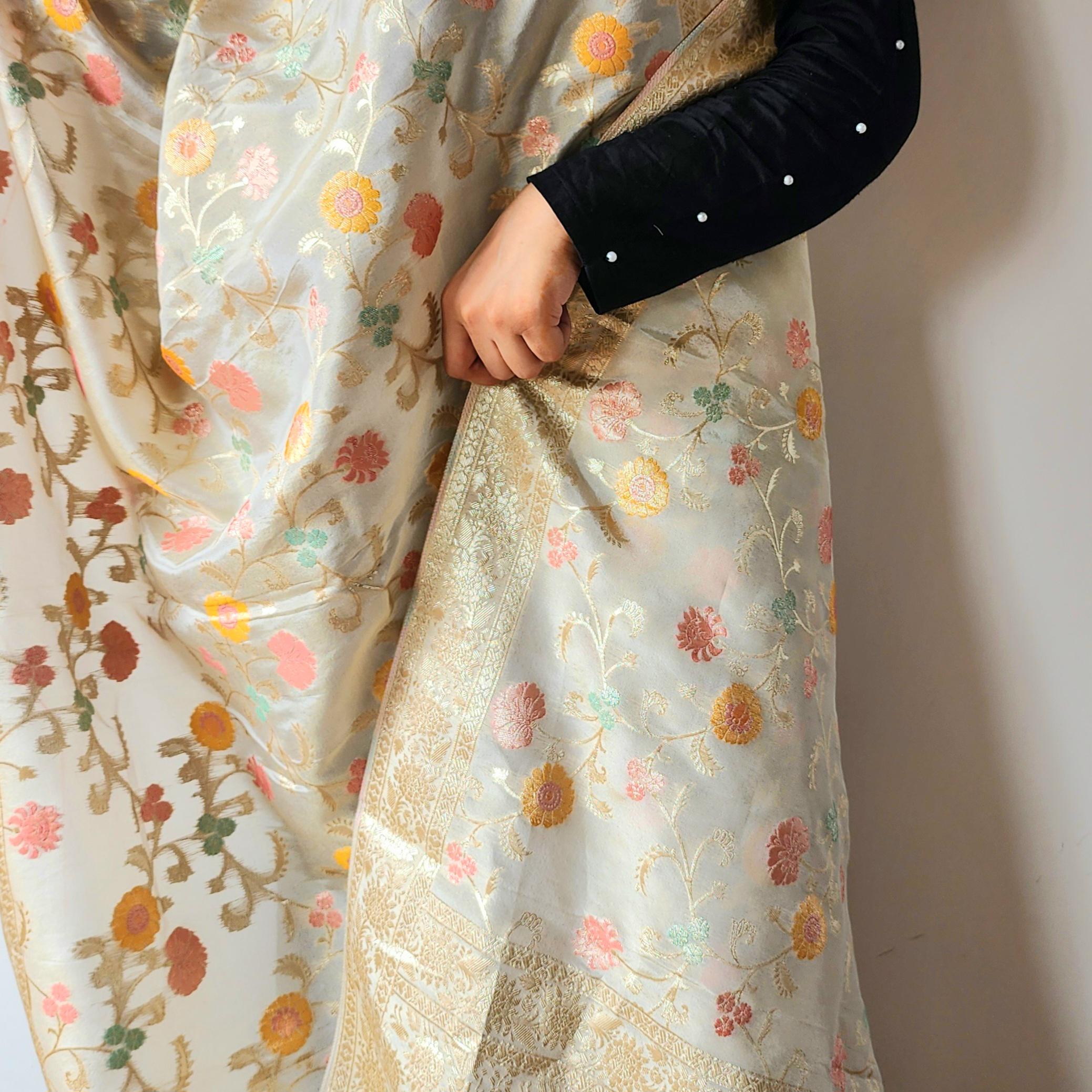 Banarasi Brocade Silk Beige dupatta, Handpainted Multicolor meenakari work Indian traditional & Festive wear Dupatta