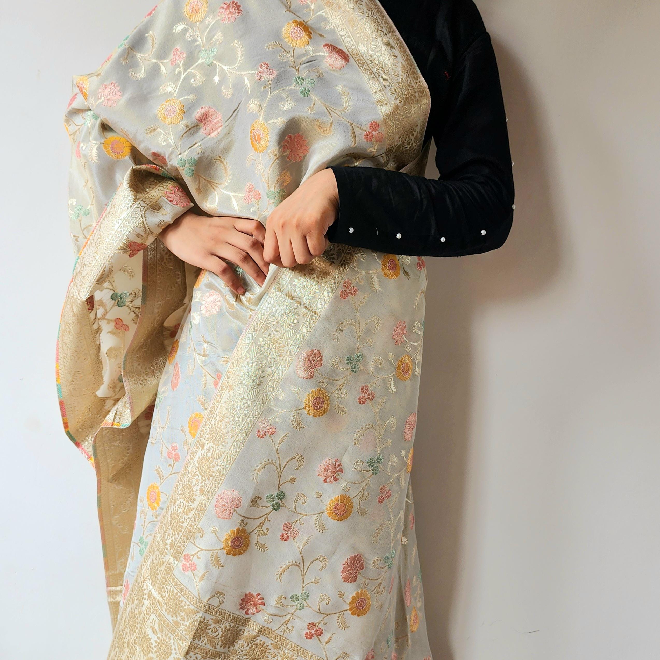 Banarasi Brocade Silk Beige dupatta, Handpainted Multicolor meenakari work Indian traditional & Festive wear Dupatta