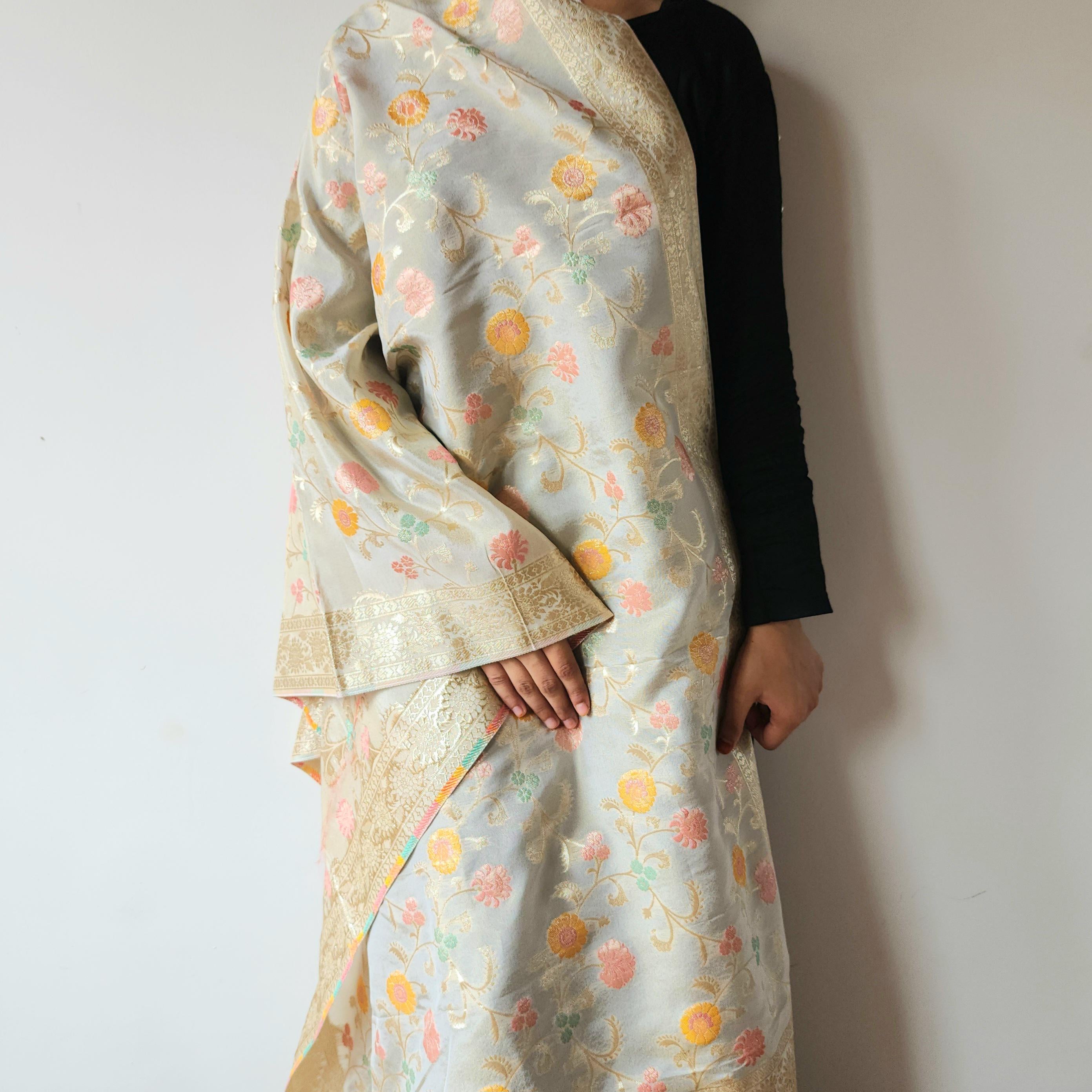Banarasi Brocade Silk Beige dupatta, Handpainted Multicolor meenakari work Indian traditional & Festive wear Dupatta