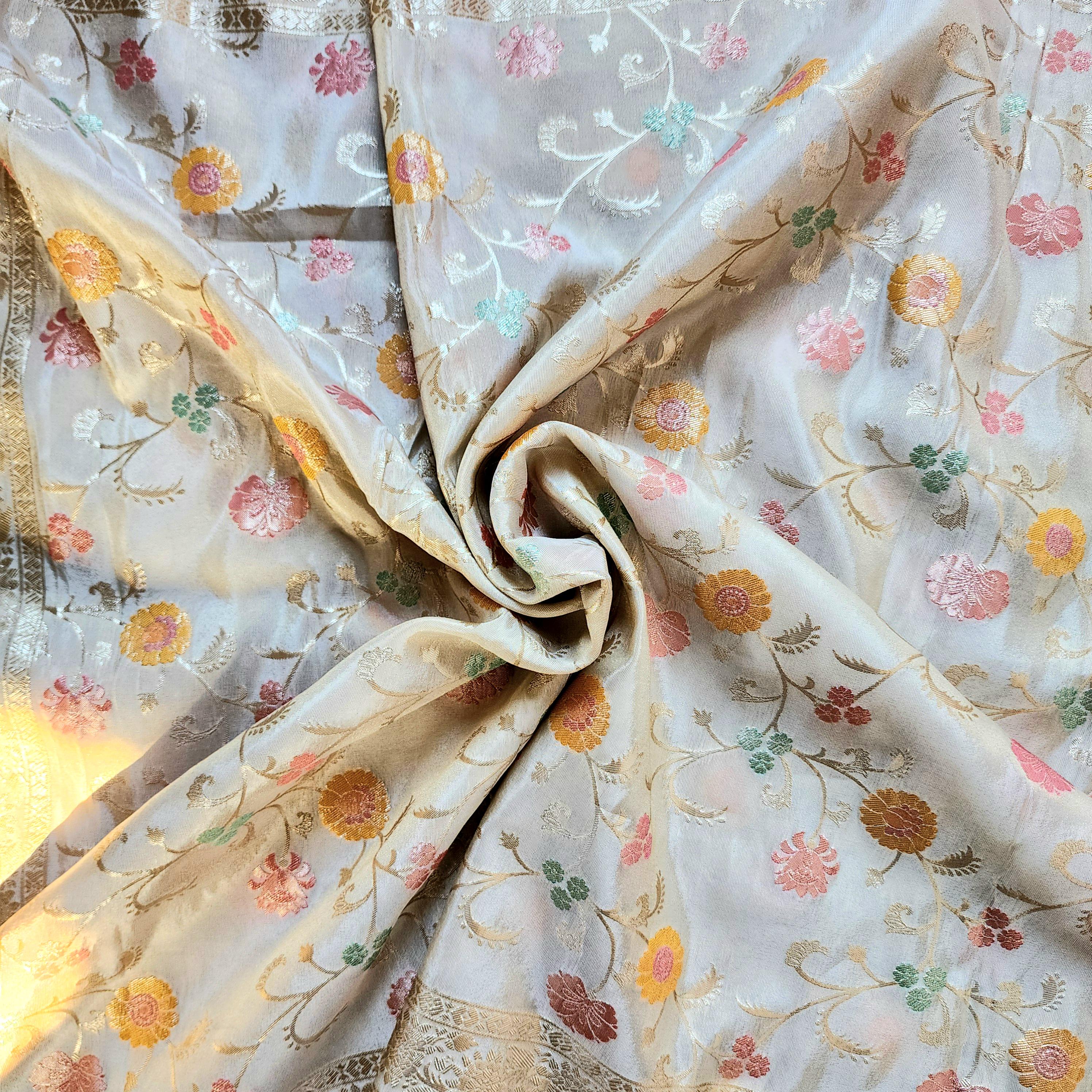 Banarasi Brocade Silk Beige dupatta, Handpainted Multicolor meenakari work Indian traditional & Festive wear Dupatta