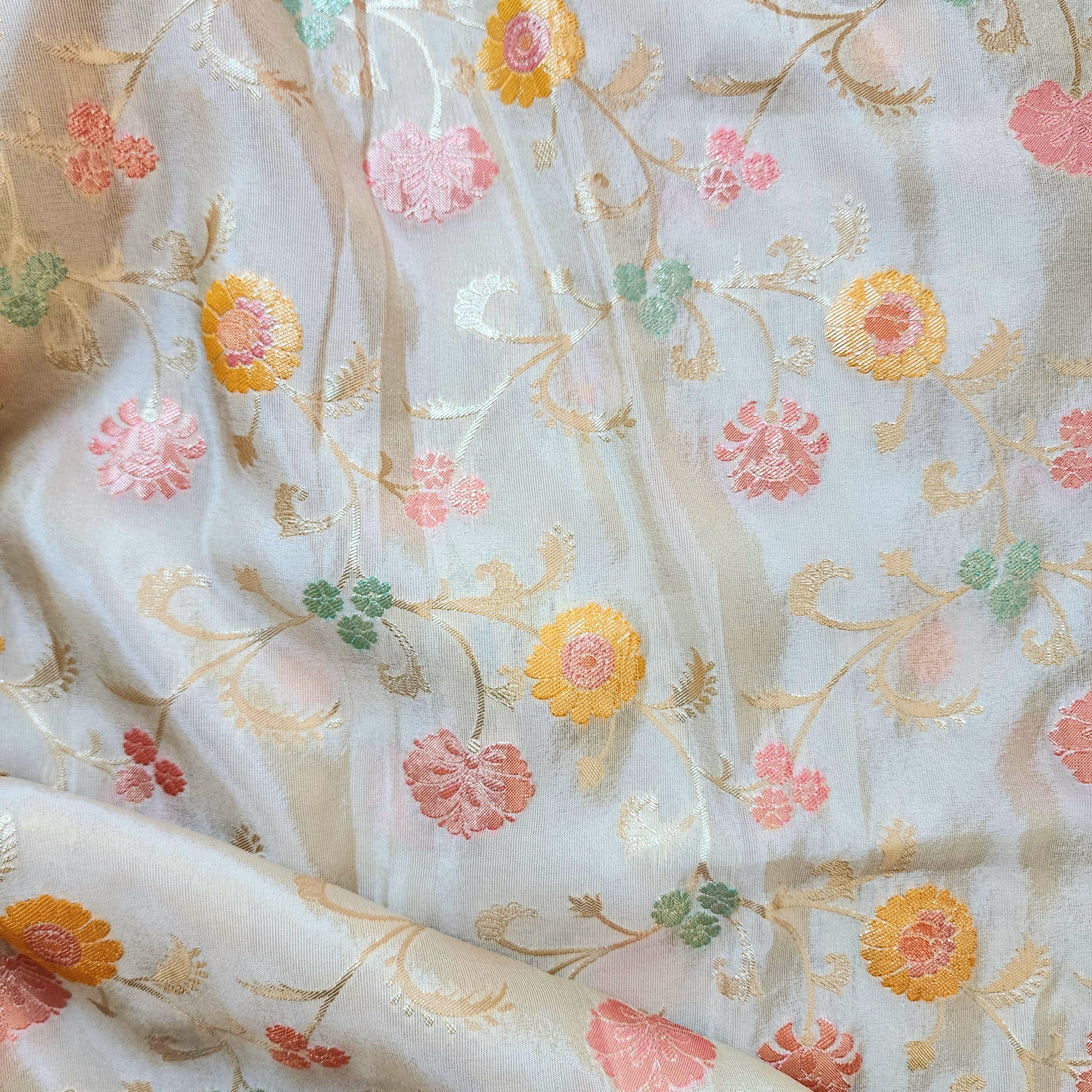 Banarasi Brocade Silk Beige dupatta, Handpainted Multicolor meenakari work Indian traditional & Festive wear Dupatta