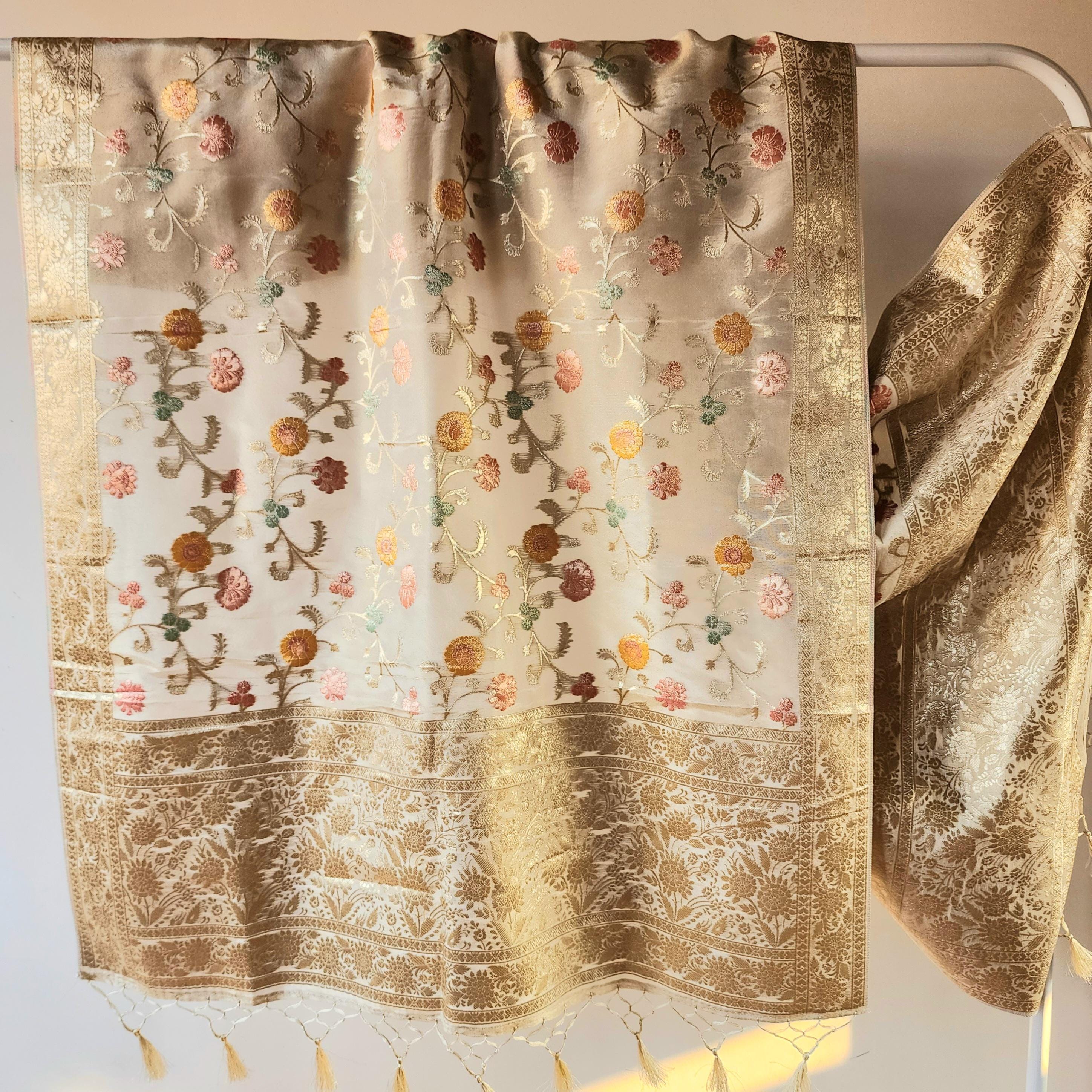 Banarasi Brocade Silk Beige dupatta, Handpainted Multicolor meenakari work Indian traditional & Festive wear Dupatta