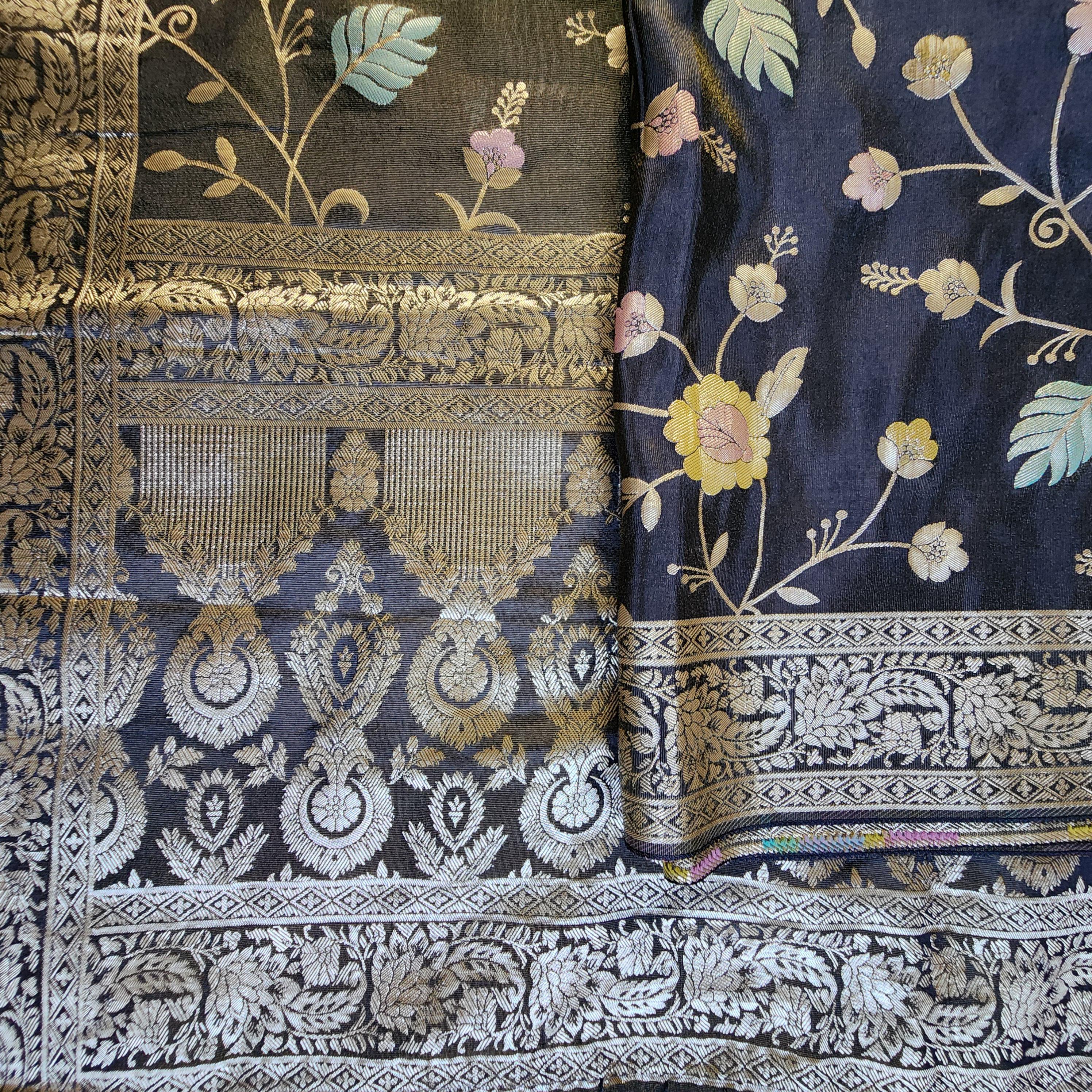 Banarasi Linen Silk Black dupatta, Handpainted Multicolor meenakari work Indian traditional & Festive wear Dupatta