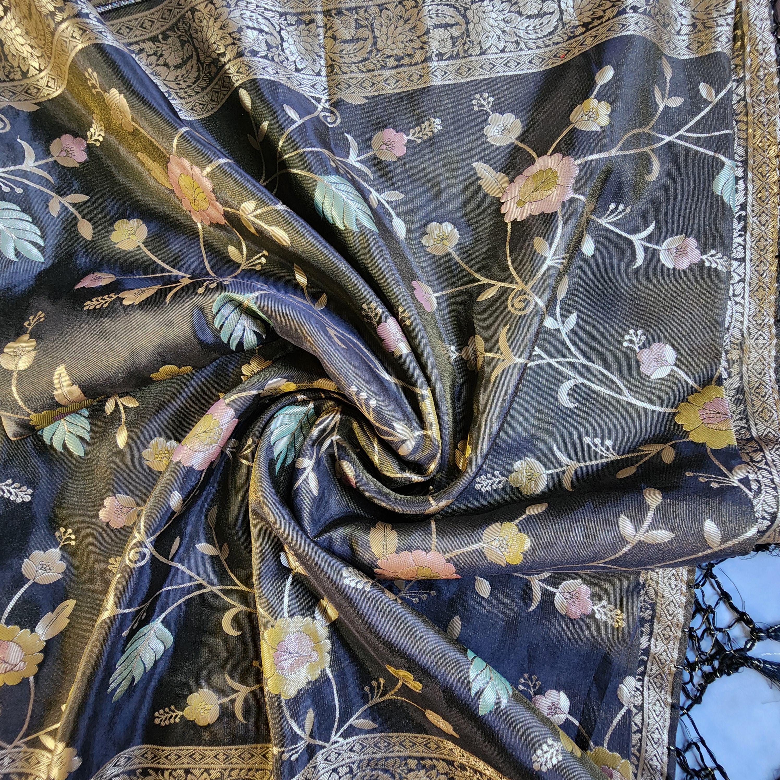 Banarasi Linen Silk Black dupatta, Handpainted Multicolor meenakari work Indian traditional & Festive wear Dupatta