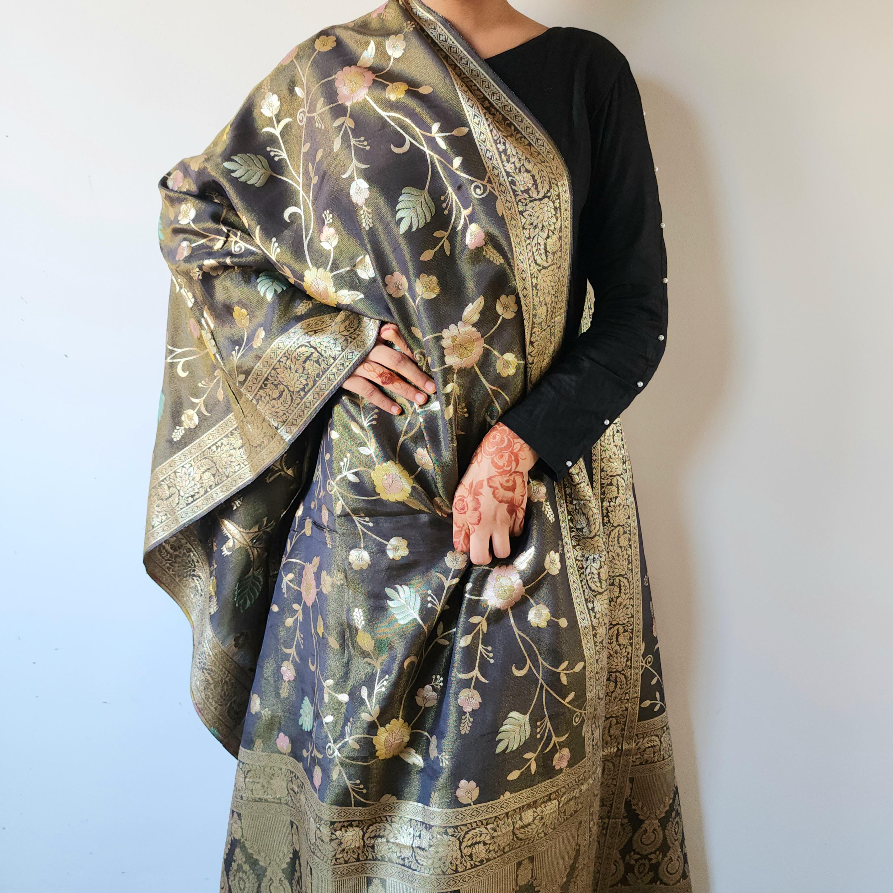 Banarasi Linen Silk Black dupatta, Handpainted Multicolor meenakari work Indian traditional & Festive wear Dupatta