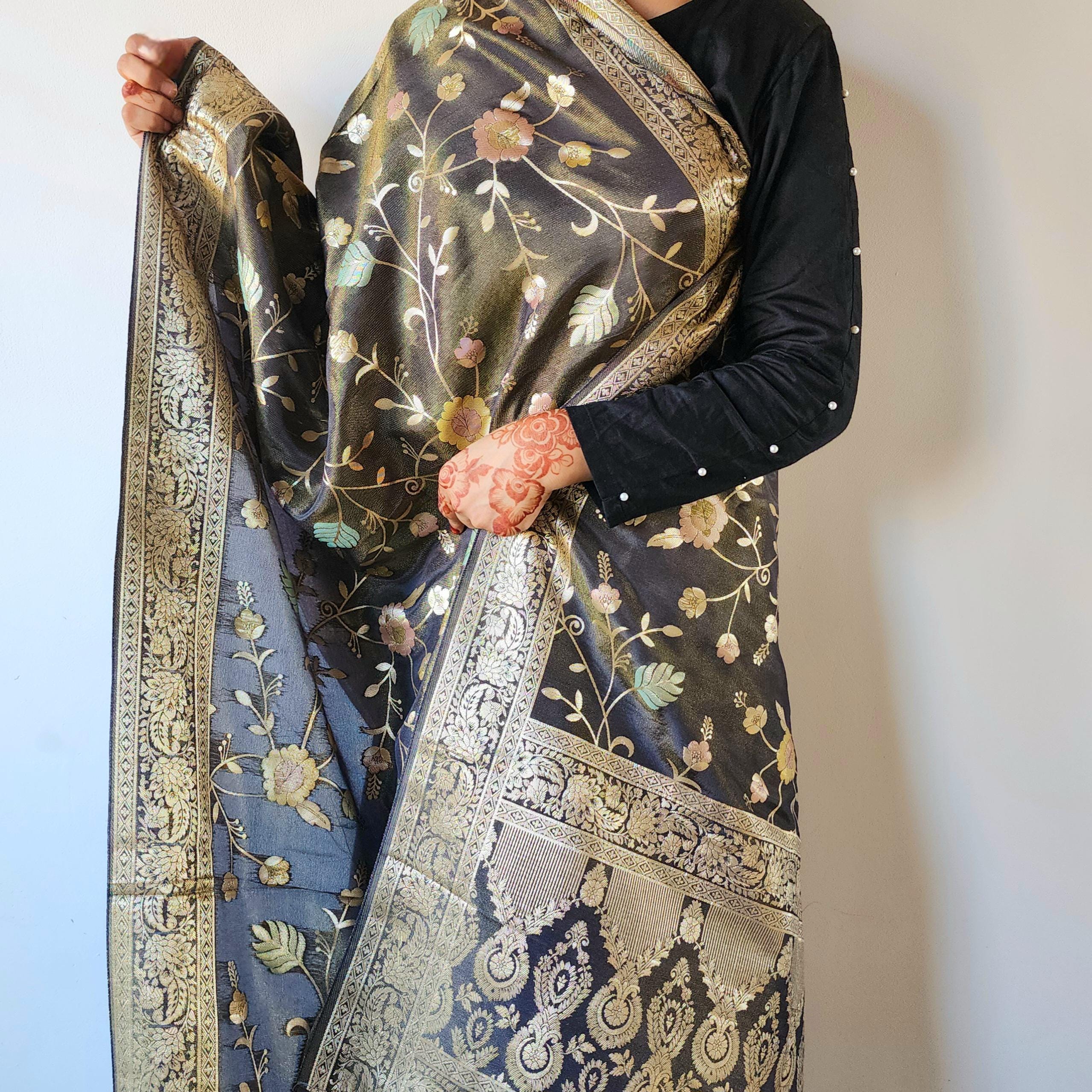 Banarasi Linen Silk Black dupatta, Handpainted Multicolor meenakari work Indian traditional & Festive wear Dupatta