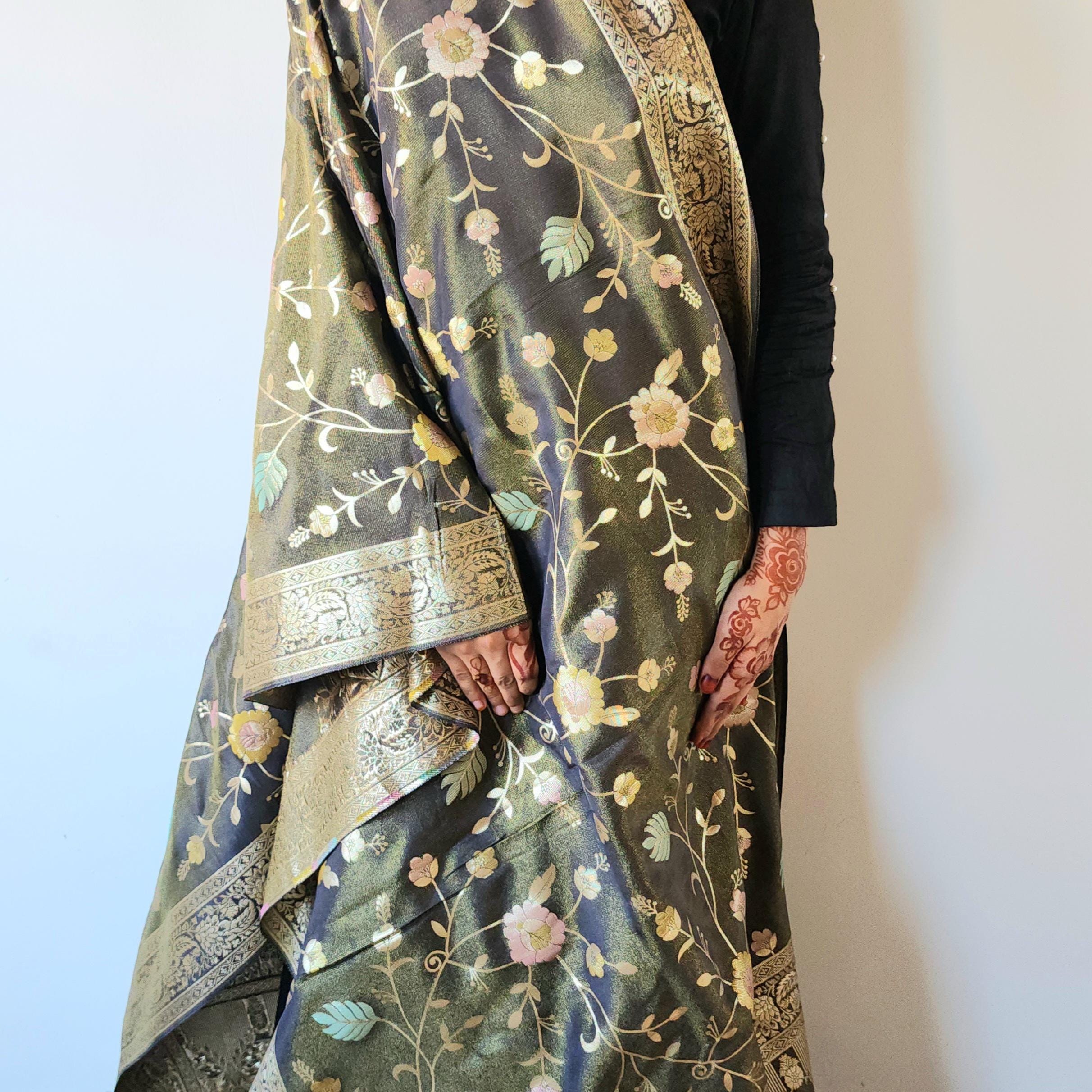 Banarasi Linen Silk Black dupatta, Handpainted Multicolor meenakari work Indian traditional & Festive wear Dupatta
