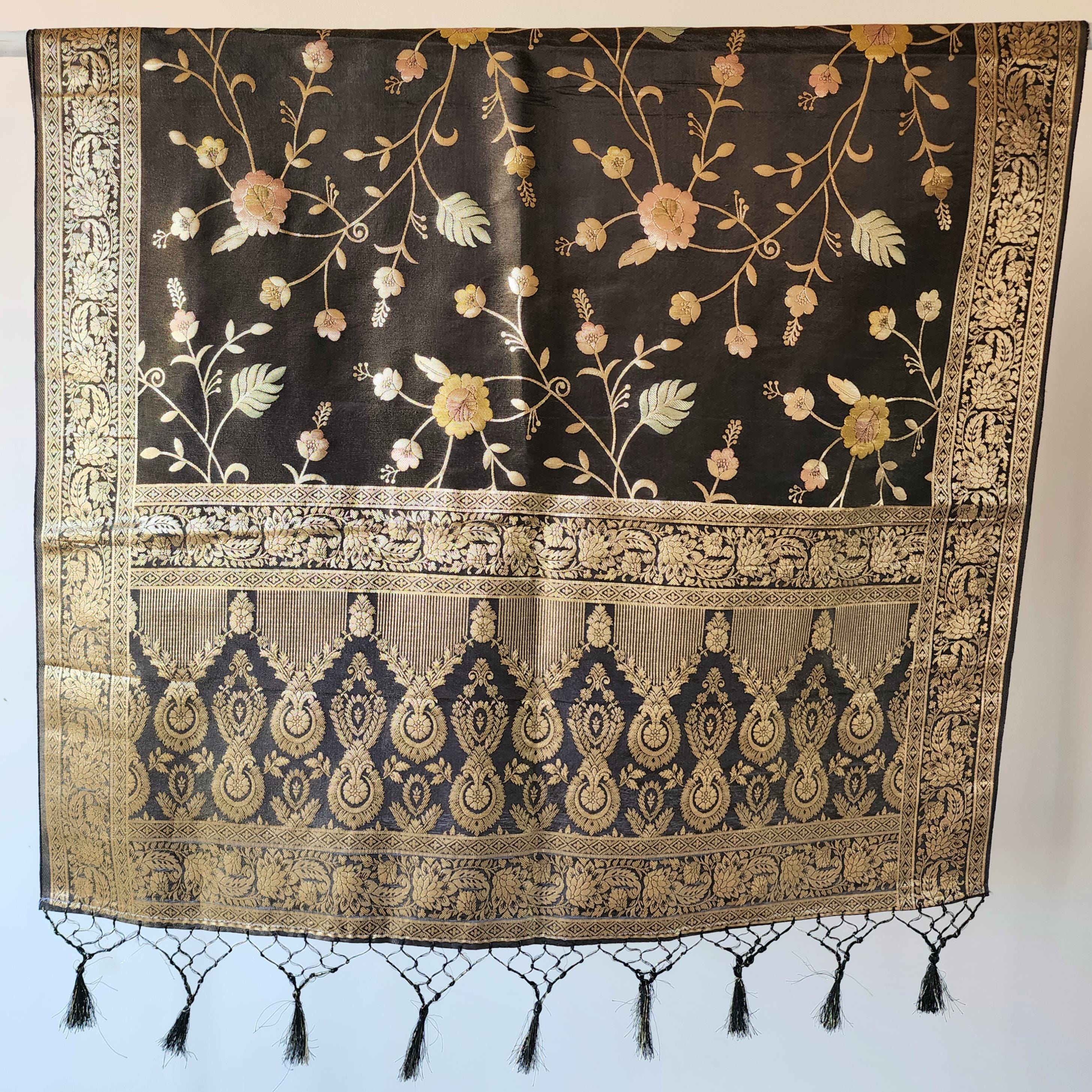 Banarasi Linen Silk Black dupatta, Handpainted Multicolor meenakari work Indian traditional & Festive wear Dupatta