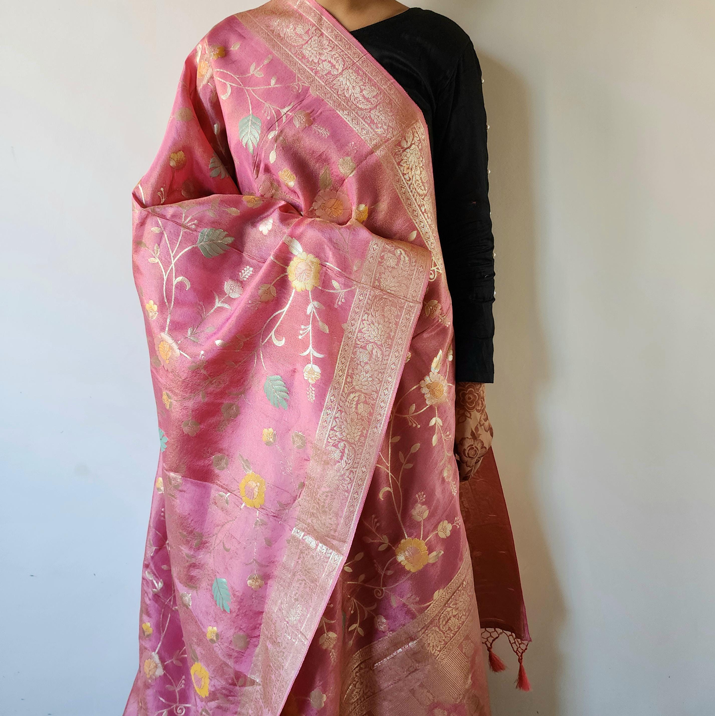 Banarasi Linen Silk Pink dupatta, Handpainted Multicolor meenakari work Indian traditional & Festive wear Dupatta