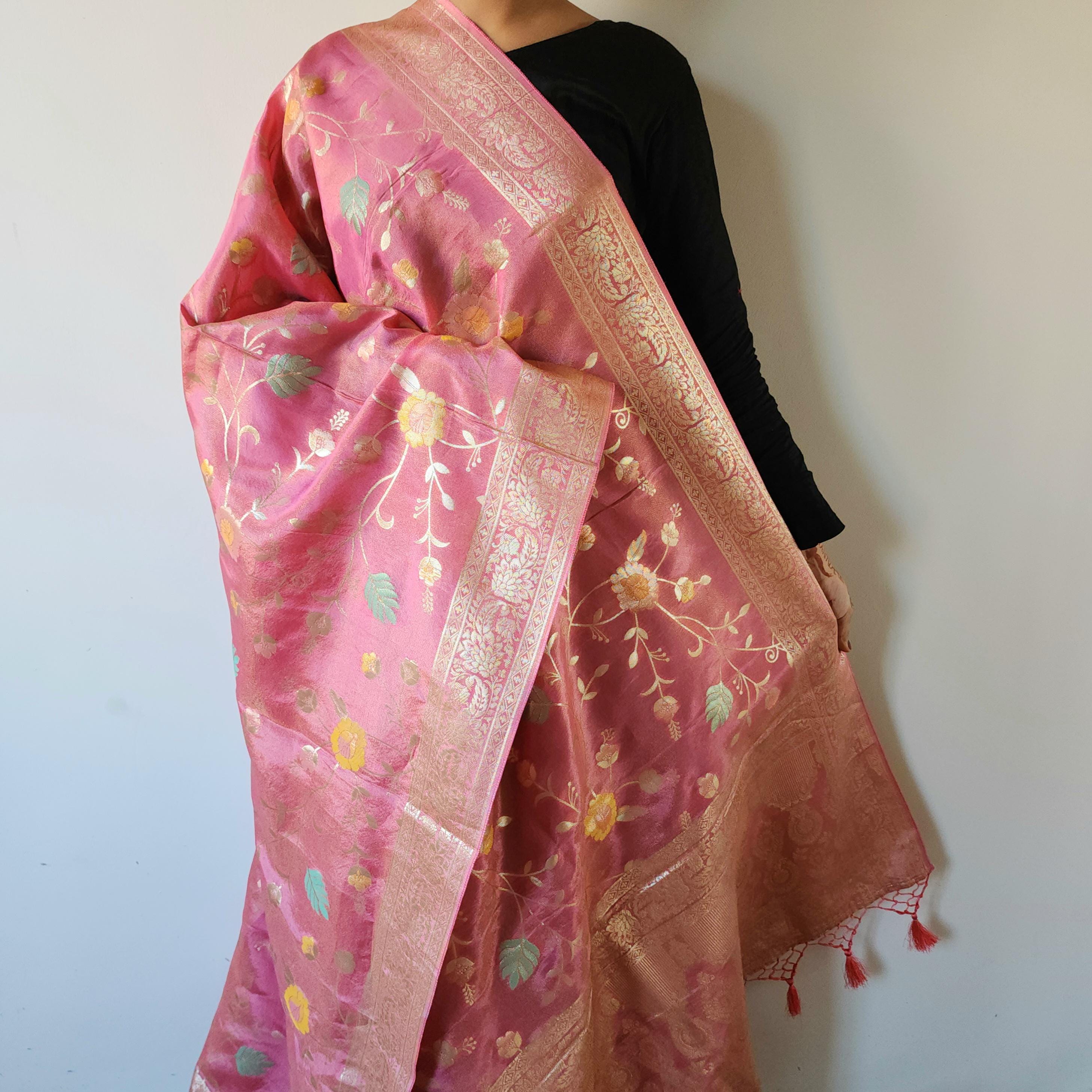 Banarasi Linen Silk Pink dupatta, Handpainted Multicolor meenakari work Indian traditional & Festive wear Dupatta