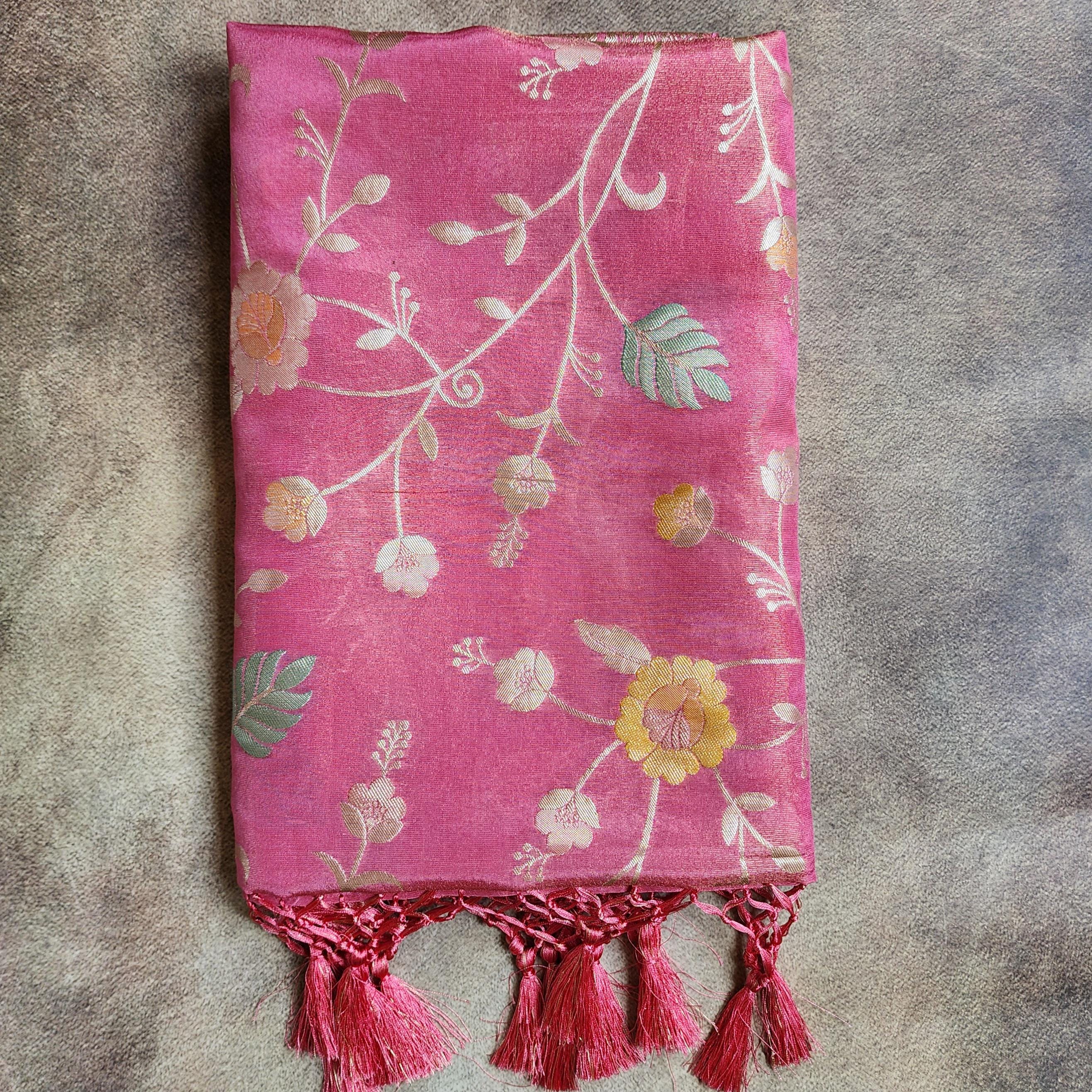 Banarasi Linen Silk Pink dupatta, Handpainted Multicolor meenakari work Indian traditional & Festive wear Dupatta