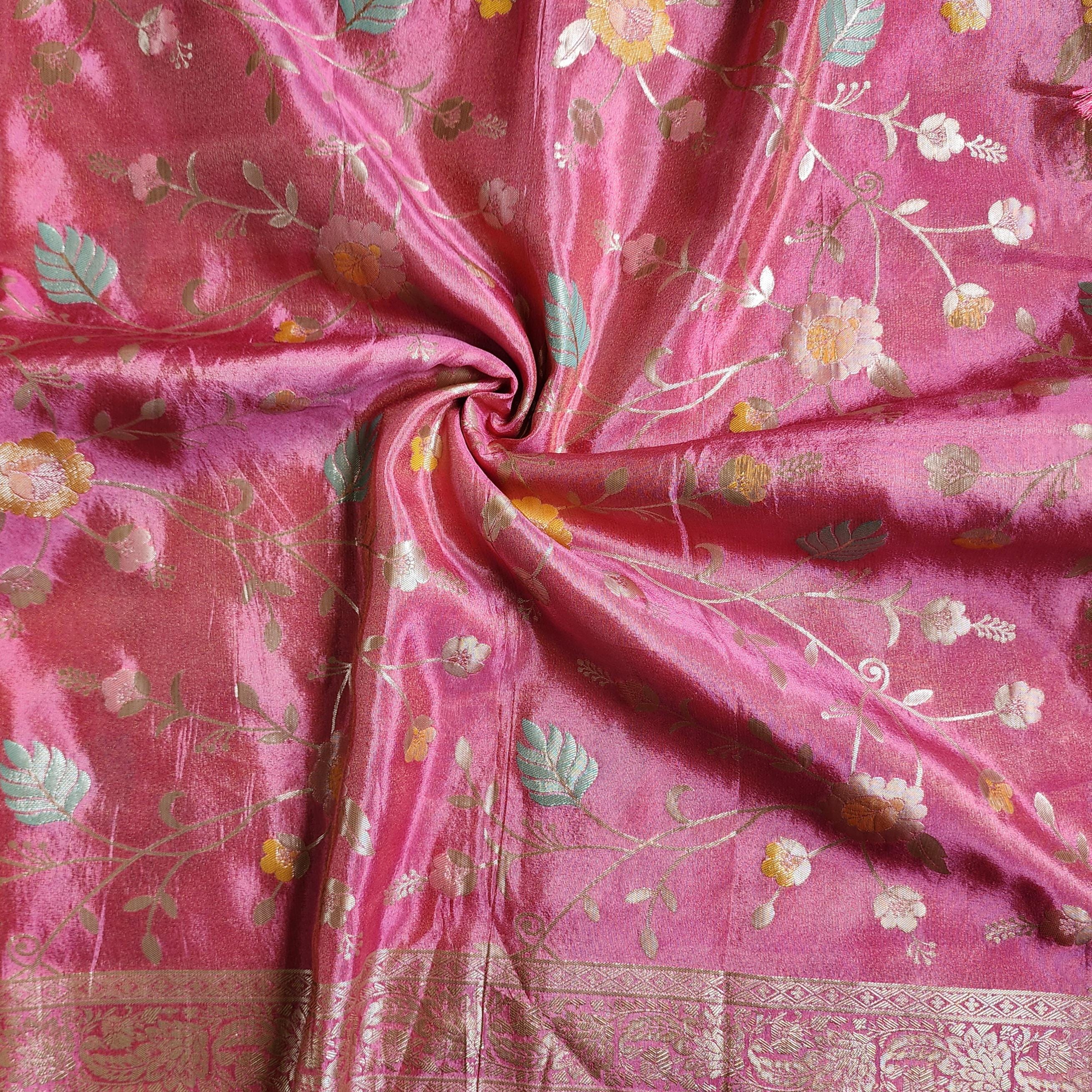 Banarasi Linen Silk Pink dupatta, Handpainted Multicolor meenakari work Indian traditional & Festive wear Dupatta