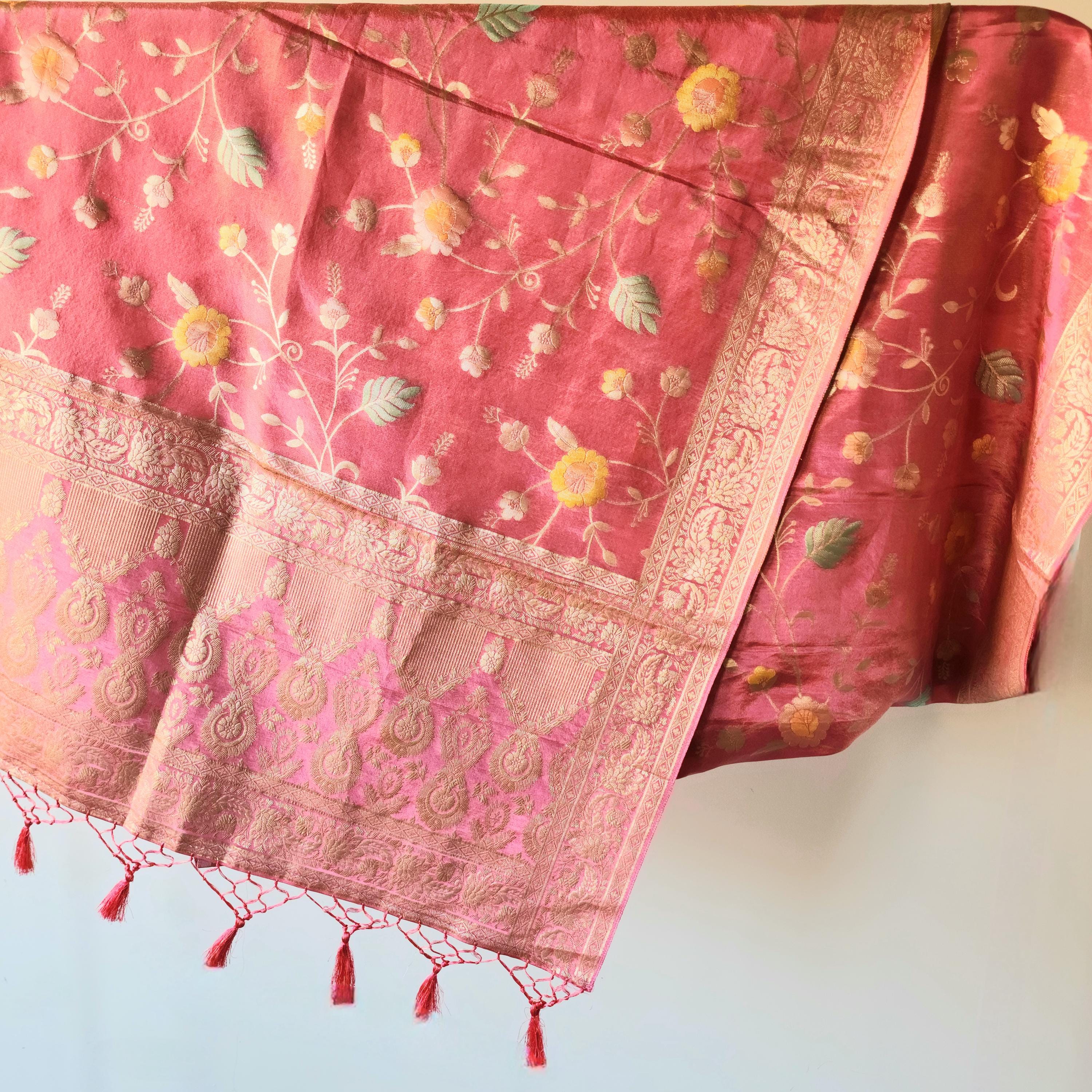 Banarasi Linen Silk Pink dupatta, Handpainted Multicolor meenakari work Indian traditional & Festive wear Dupatta