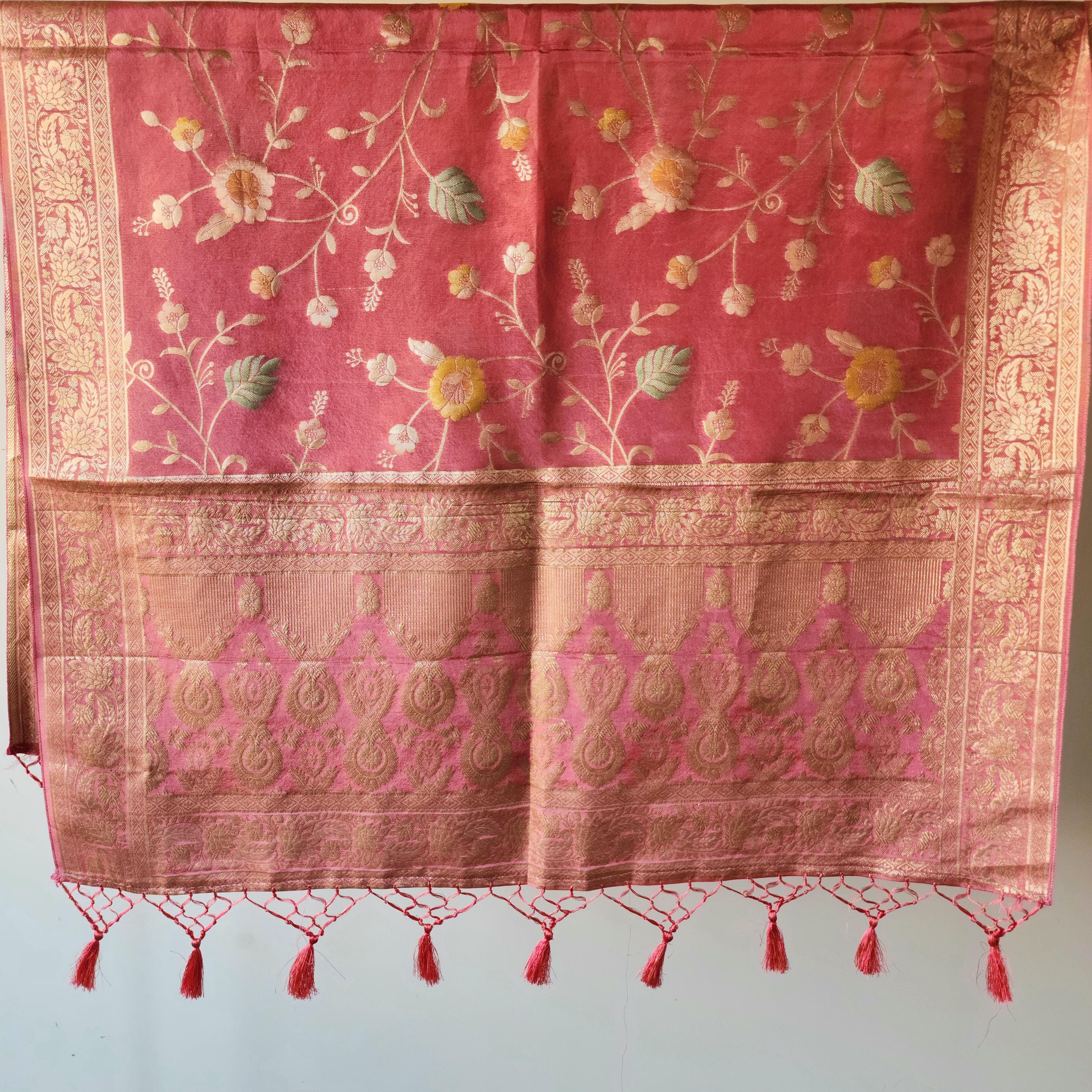 Banarasi Linen Silk Pink dupatta, Handpainted Multicolor meenakari work Indian traditional & Festive wear Dupatta
