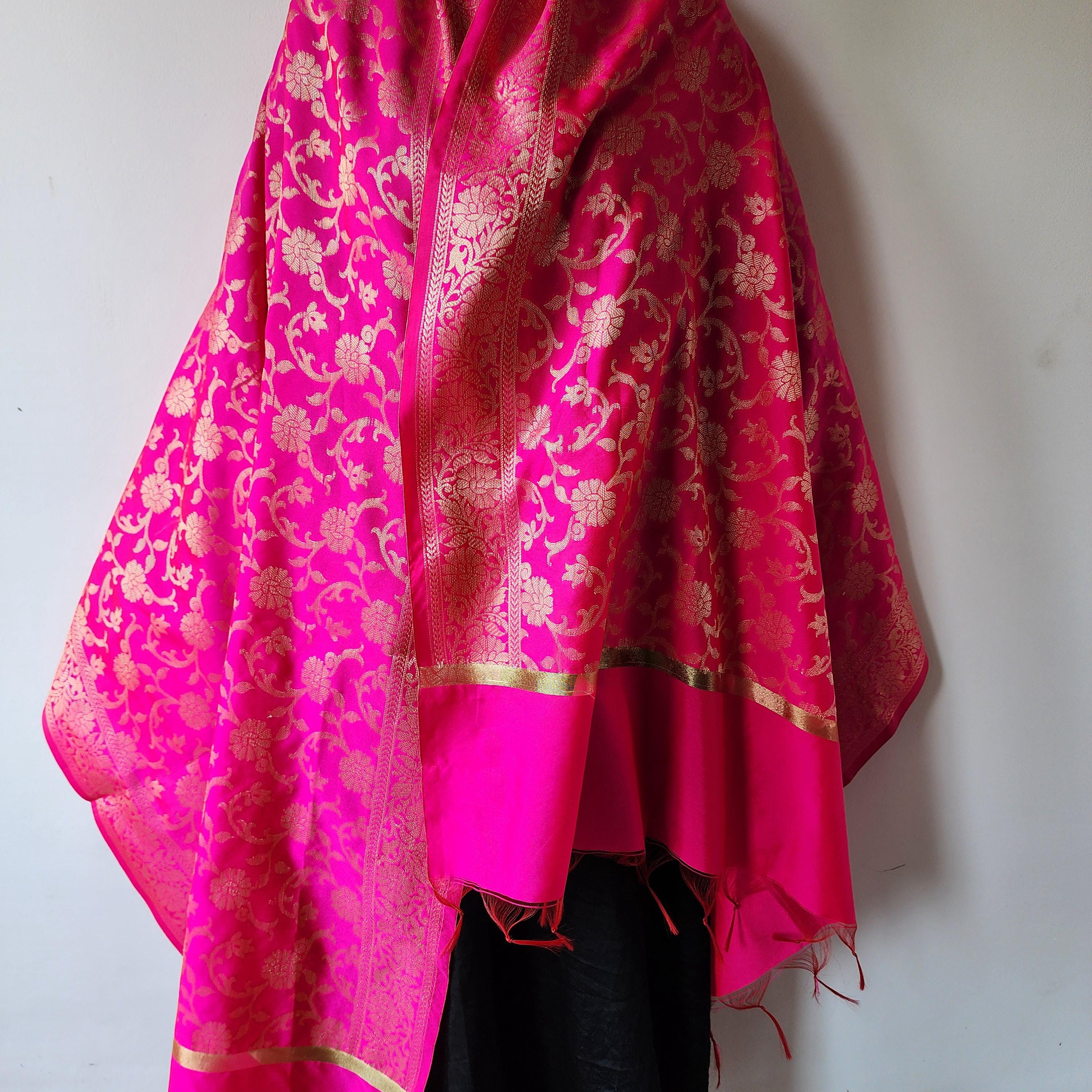 Banarasi Rani Pink Dupatta with gold handweaving, Indian traditional and Festive designer dupatta, luxurious, soft to touch dupatta