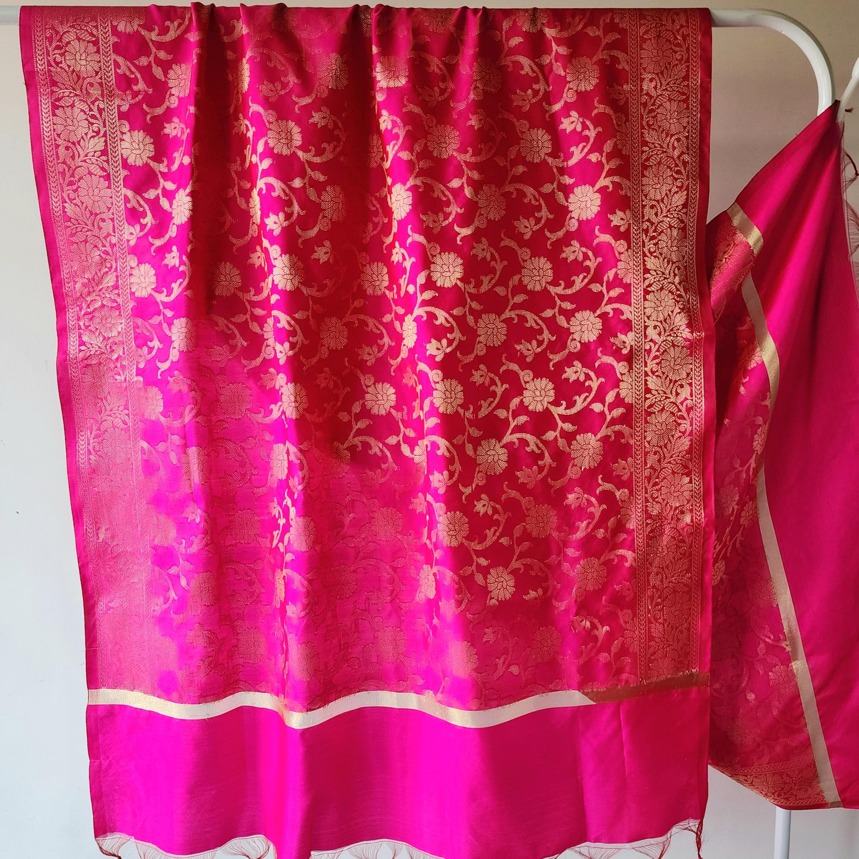 Banarasi Rani Pink Dupatta with gold handweaving, Indian traditional and Festive designer dupatta, luxurious, soft to touch dupatta