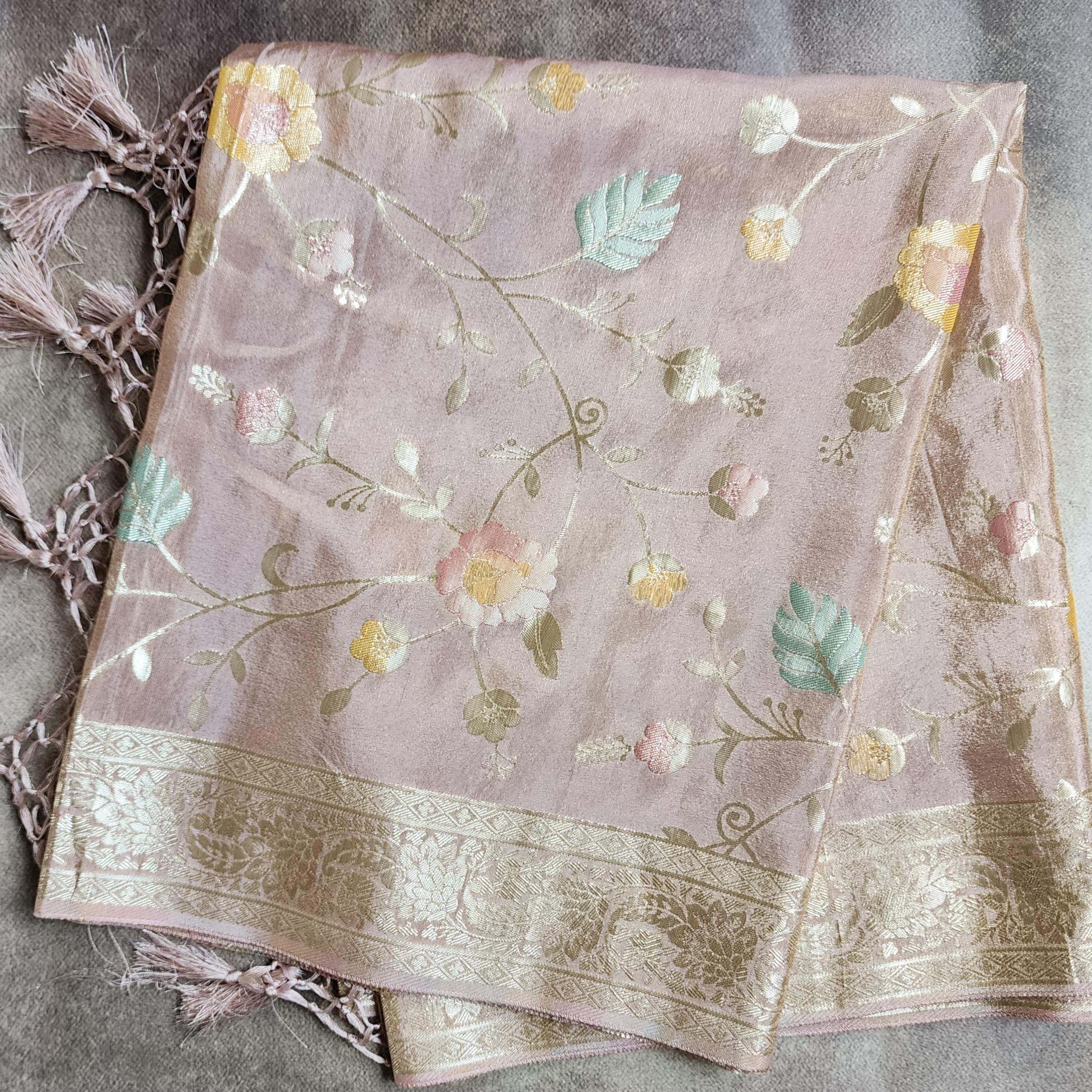 Banarasi Brocade Silk Pink dupatta, Handpainted Multicolor meenakari work Indian traditional & Festive wear Dupatta