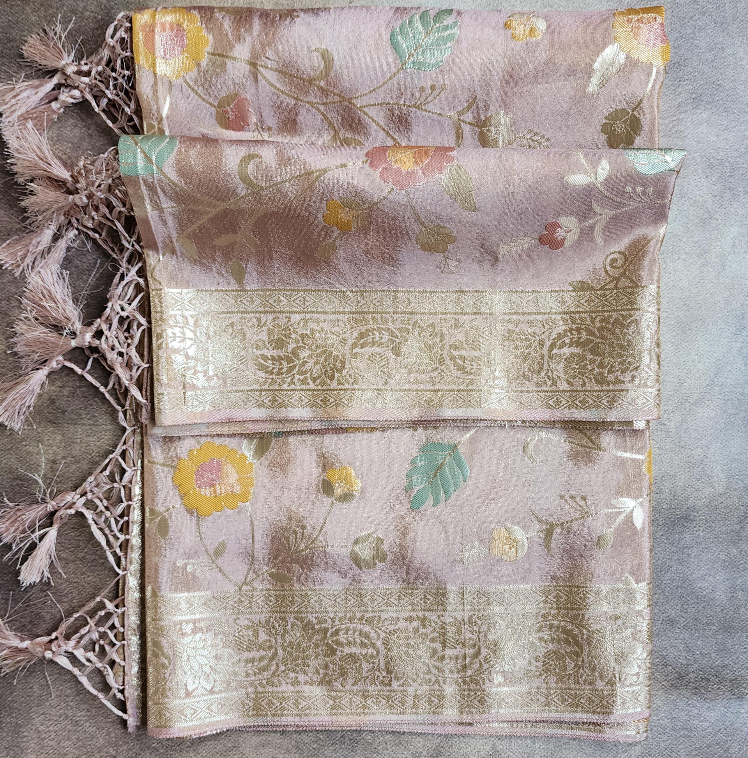 Banarasi Brocade Silk Pink dupatta, Handpainted Multicolor meenakari work Indian traditional & Festive wear Dupatta