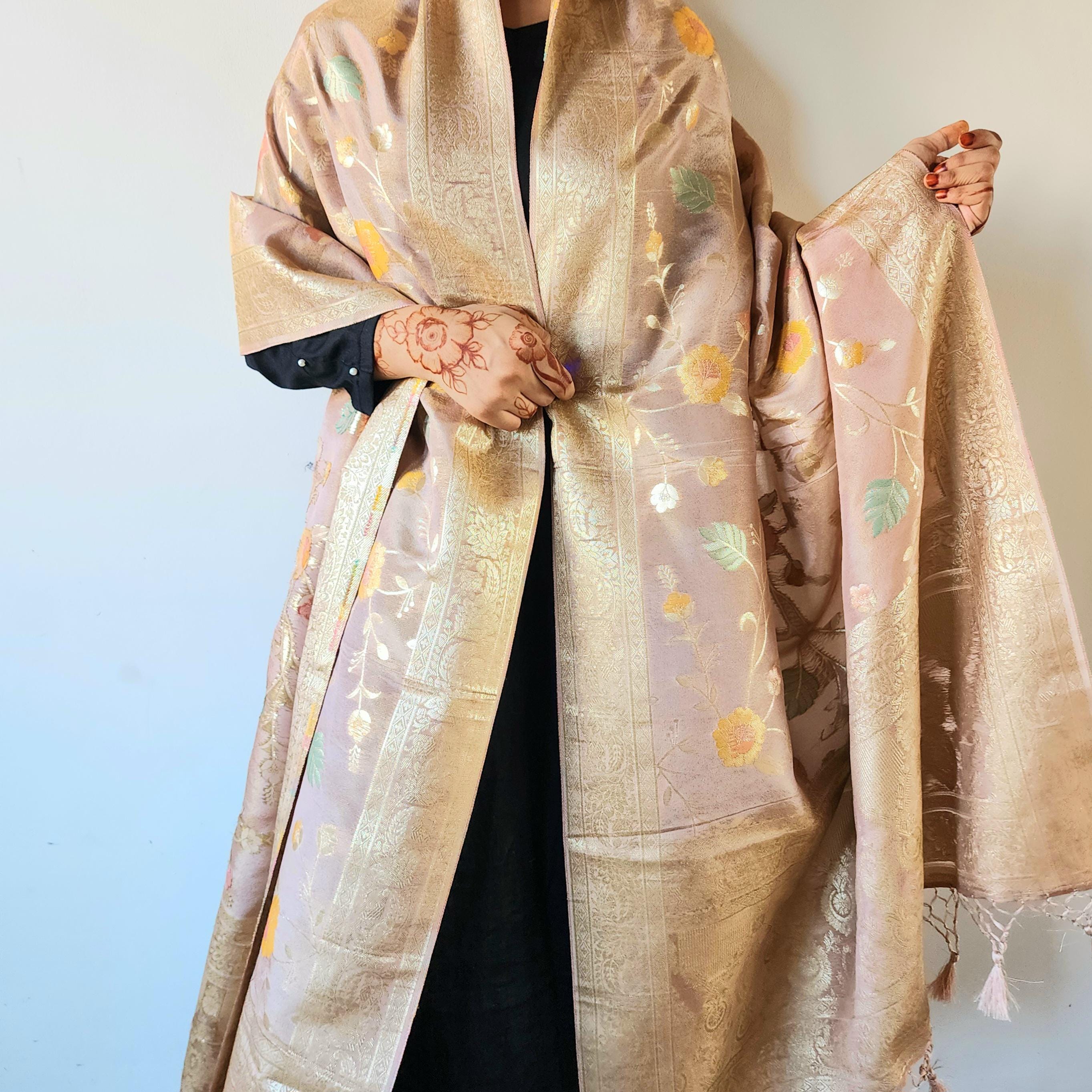 Banarasi Brocade Silk Pink dupatta, Handpainted Multicolor meenakari work Indian traditional & Festive wear Dupatta