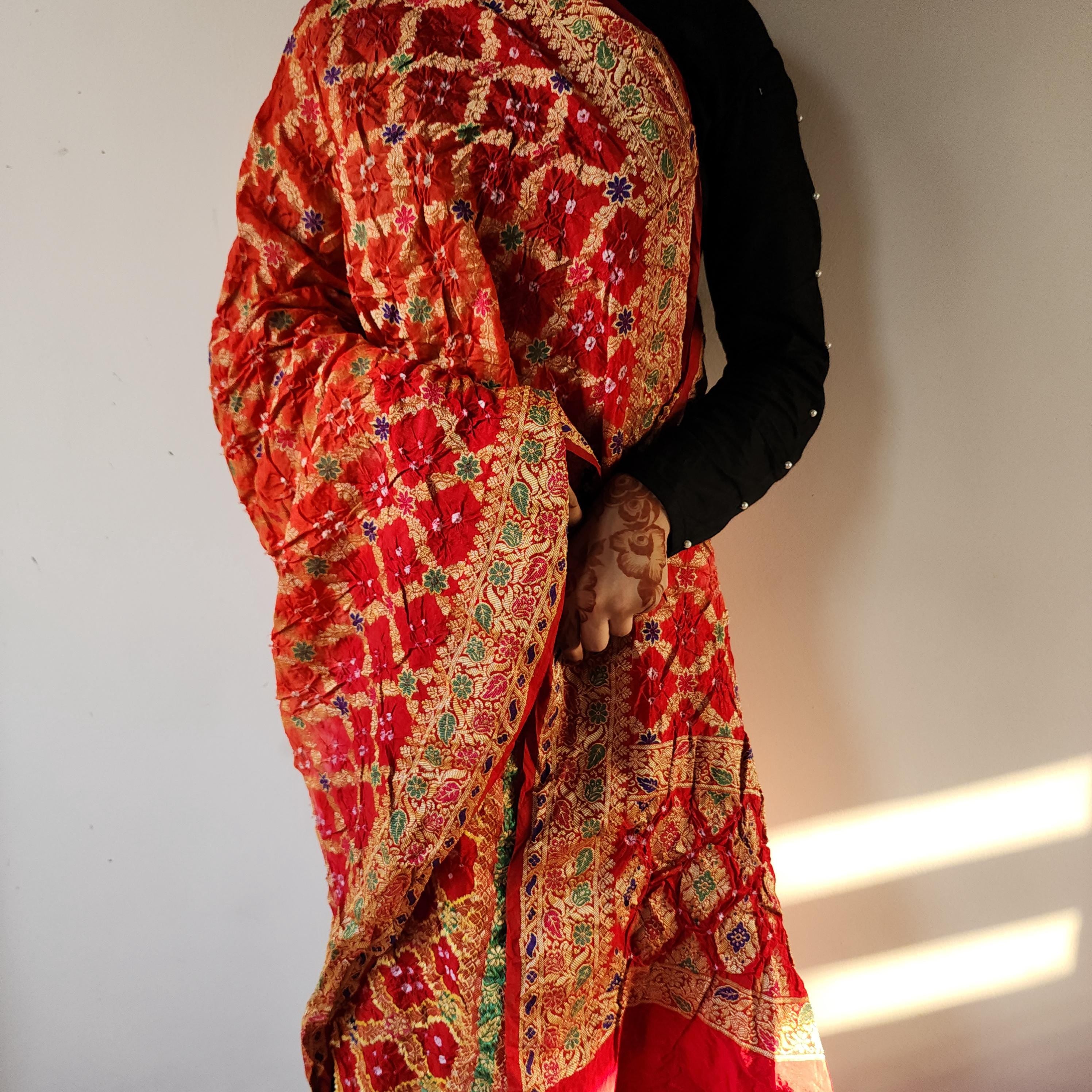 Orange Bandhni dupatta with Maroon Red Border & Banarasi Meenakari work