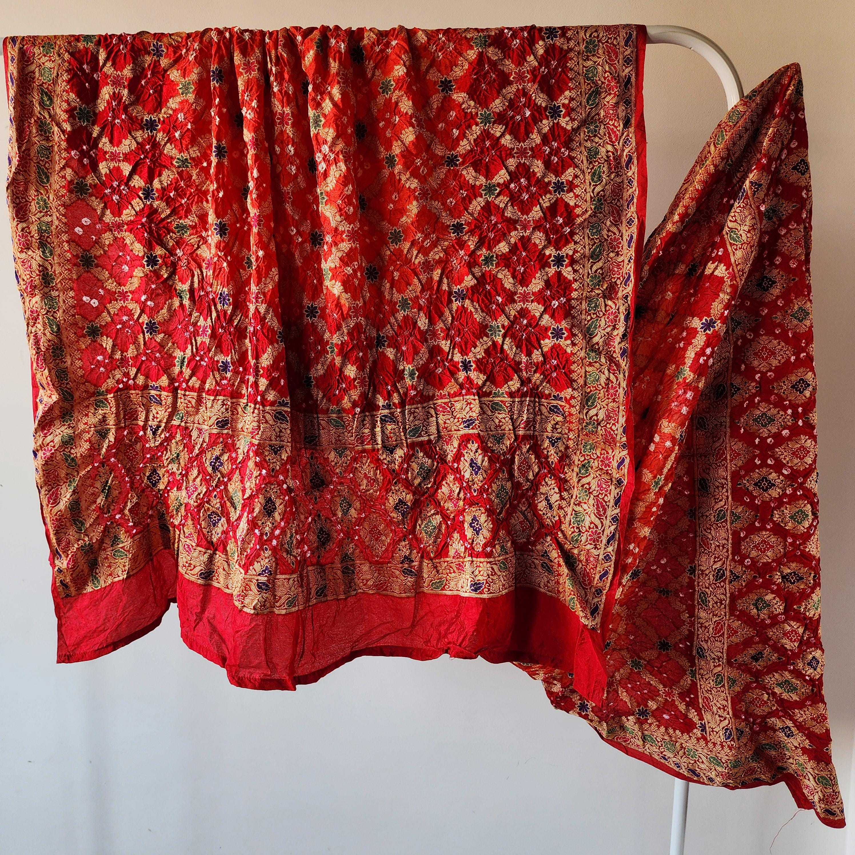 Orange Bandhni dupatta with Maroon Red Border & Banarasi Meenakari work