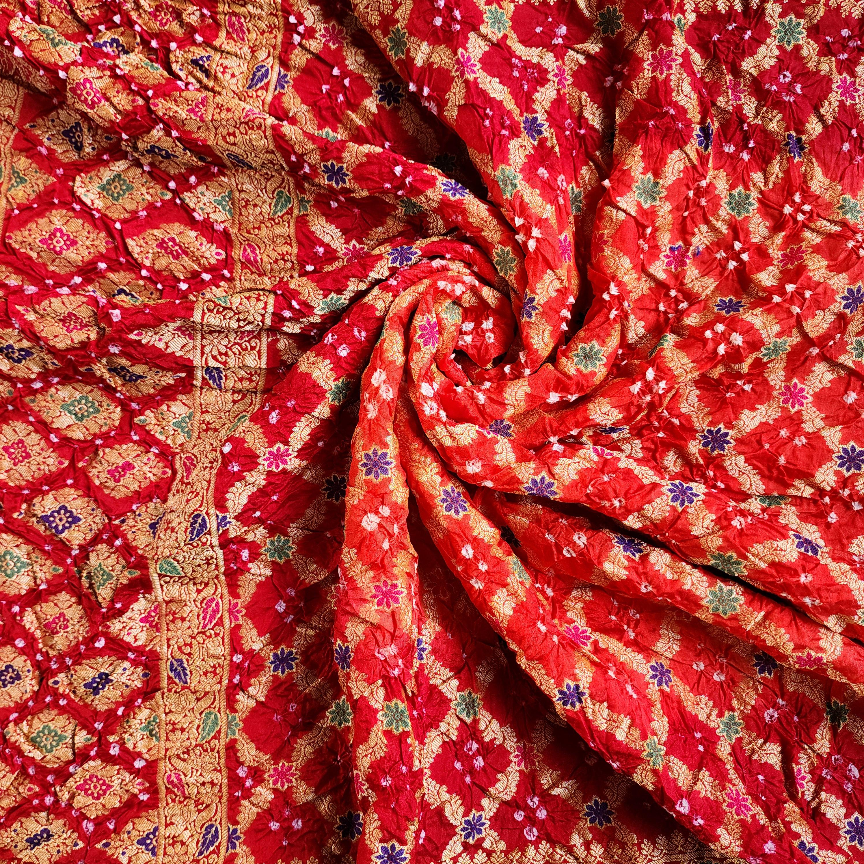 Orange Bandhni dupatta with Maroon Red Border & Banarasi Meenakari work