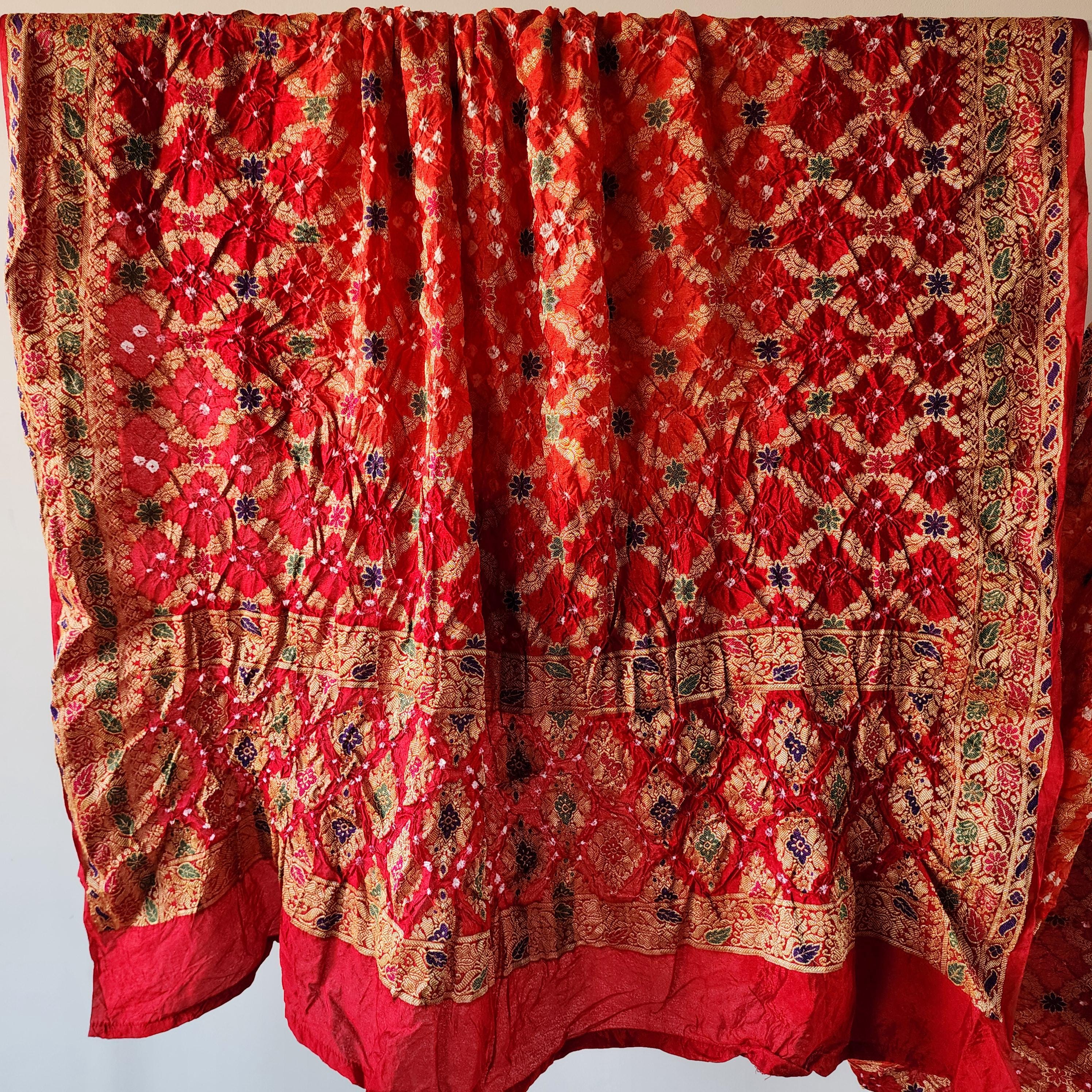 Orange Bandhni dupatta with Maroon Red Border & Banarasi Meenakari work